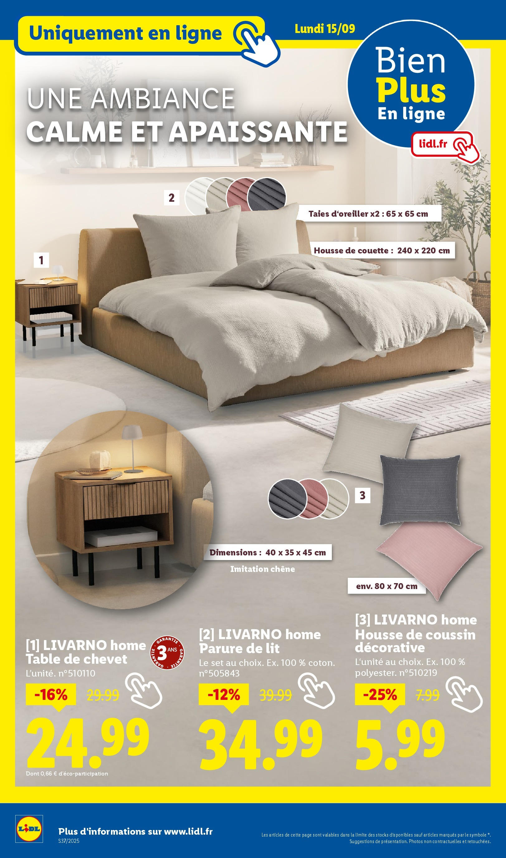 Catalogue LIDL du 11/09/2025 | Promo prospectus en ligne | Page: 54 | Produits: Table de chevet, Table, Housse de couette, Couette Catalogue LIDL du 11/09/2025 | Promo prospectus en ligne | Page: 54 | Produits: Table de chevet, Table, Housse de couette, Couette