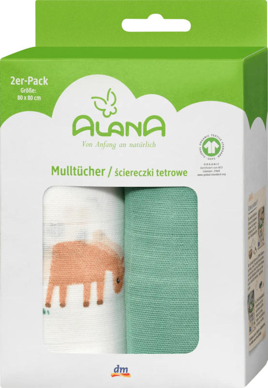 ALANA Mulltücher mit Bauernhof-Motiv, ca. 80 x 80 cm