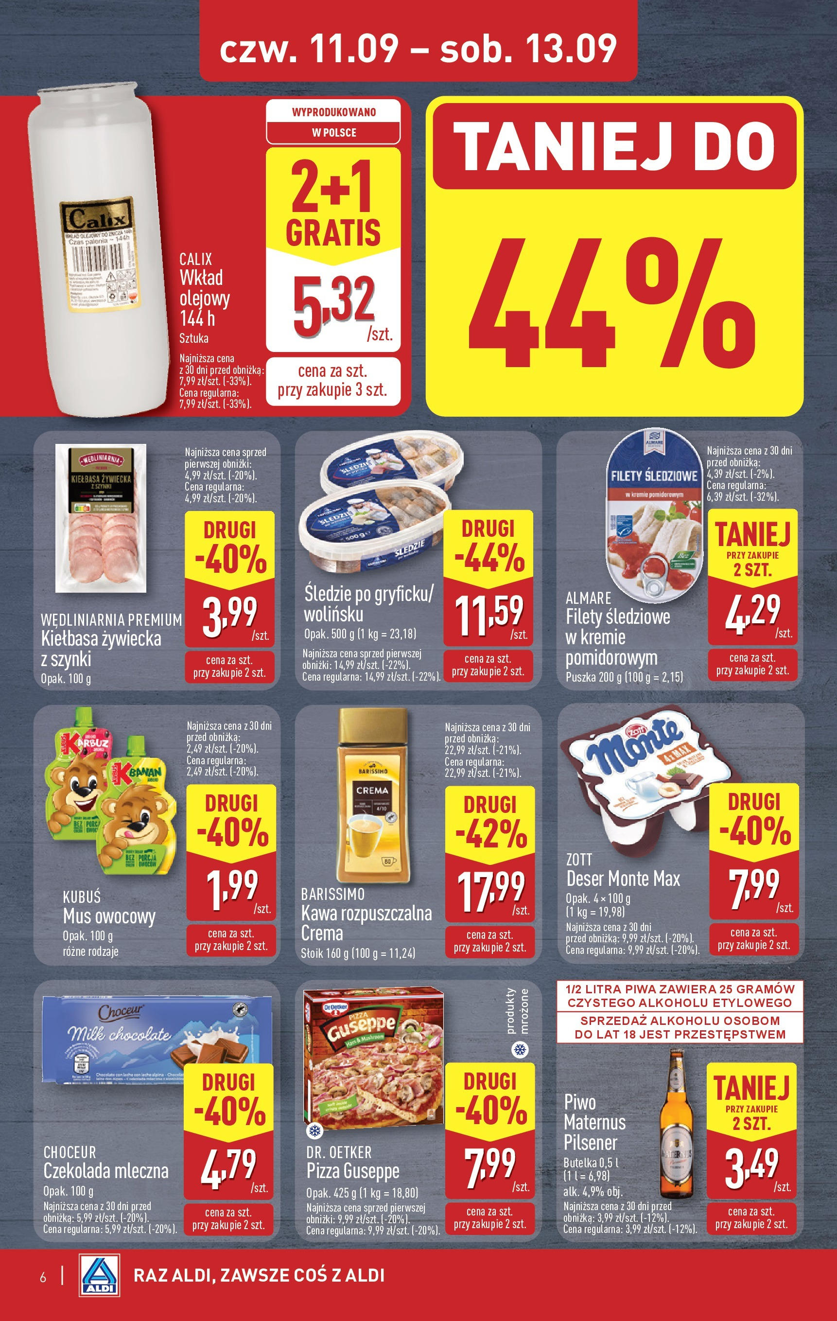 Aldi - Od czwartku 11.09 w ALDI od 10.09.2025 | Nowa PDF gazetka | Strona: 6 | Produkty: Kiełbasa, Czekolada mleczna, Kawa, Pizza Aldi - Od czwartku 11.09 w ALDI od 10.09.2025 - Ulotka PDF, promocje | Strona: 6 | Produkty: Kiełbasa, Czekolada mleczna, Kawa, Pizza