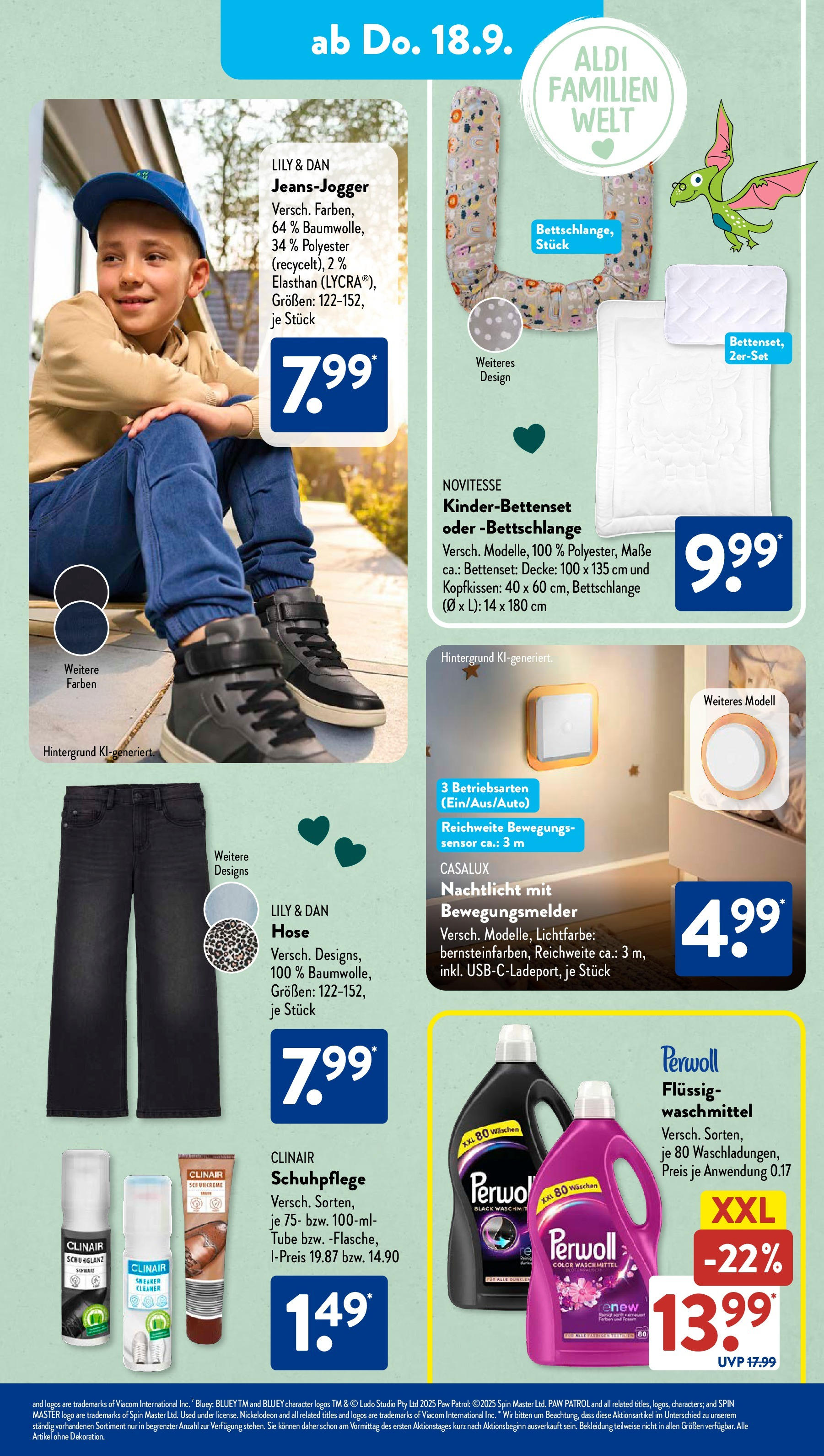 Aldi Süd - Aldi Süd: Wochenangebote (ab 14.09.2025) zum Blättern | Seite: 19 | Produkte: Kopfkissen, Perwoll, Nachtlicht, Waschmittel