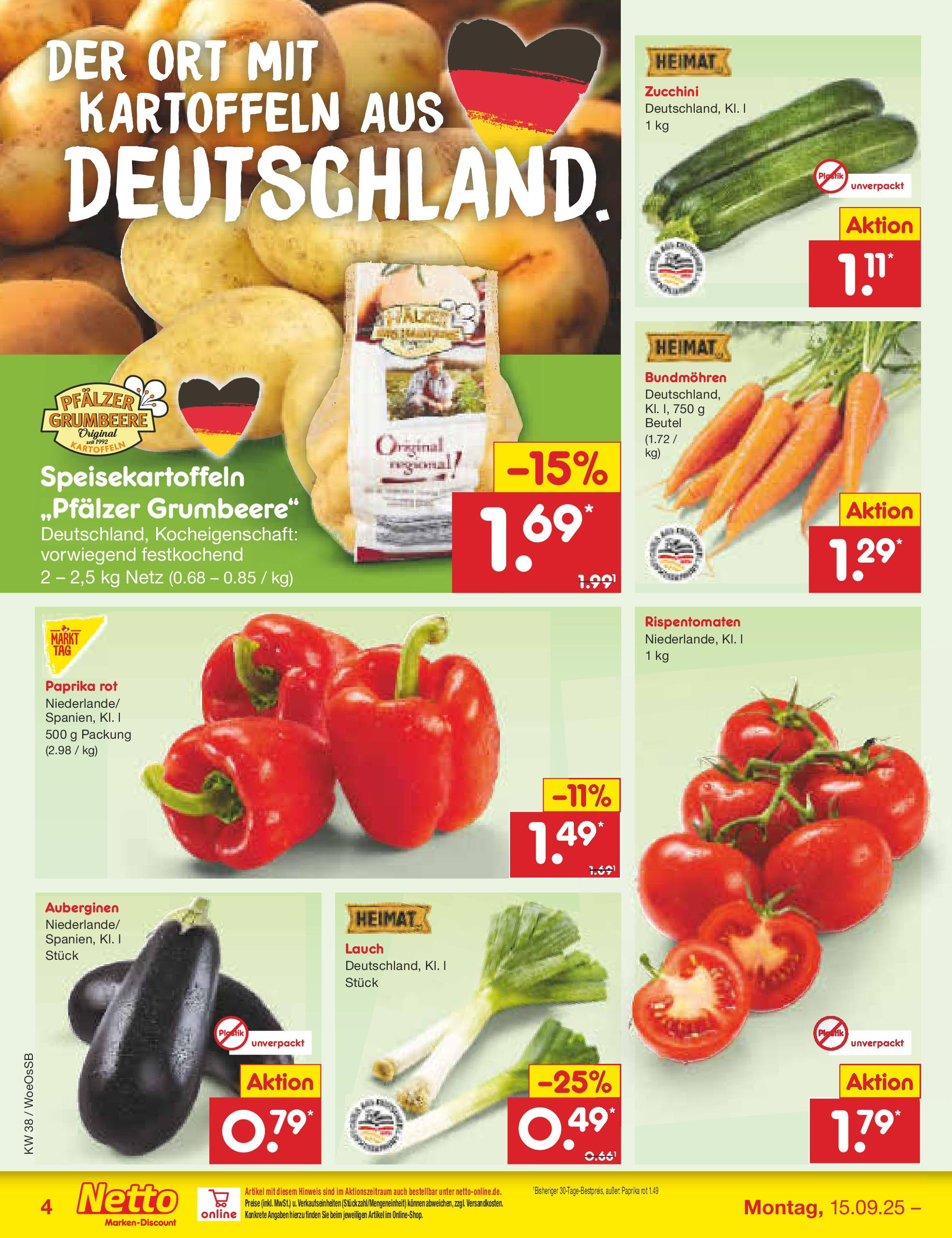 Netto Marken-Discount prospekt Gemmingen (ab 14.09.2025) » Angebote | Seite: 4 | Produkte: Paprika rot, Kartoffeln, Paprika, Zucchini Netto Marken-Discount prospekt Gemmingen (ab 14.09.2025) » Angebote | Seite: 4 | Produkte: Paprika rot, Kartoffeln, Paprika, Zucchini
