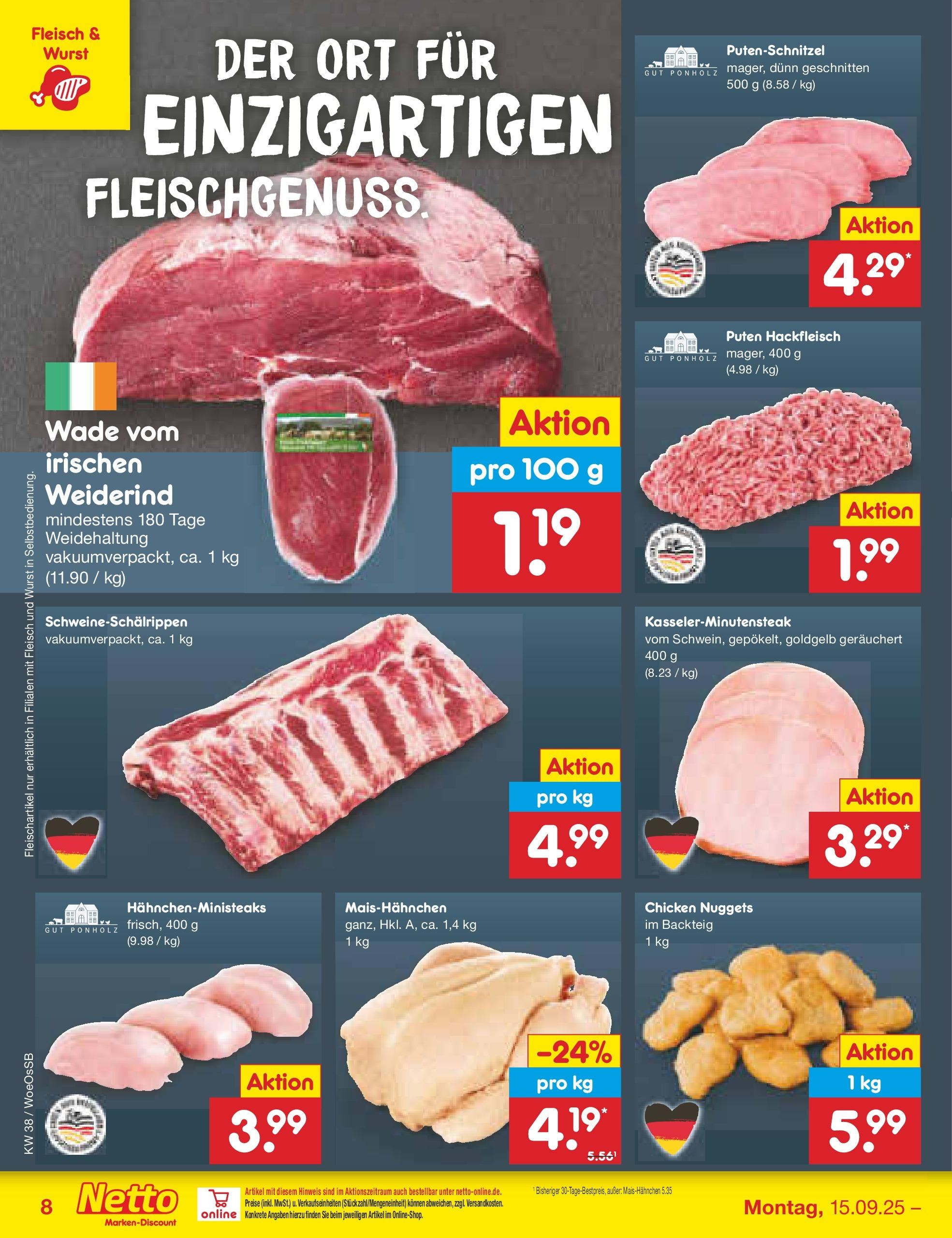 Netto Marken-Discount prospekt Gemmingen (ab 14.09.2025) » Angebote | Seite: 8 | Produkte: Putenschnitzel, Wurst, Fleisch, Hackfleisch Netto Marken-Discount prospekt Gemmingen (ab 14.09.2025) » Angebote | Seite: 8 | Produkte: Putenschnitzel, Wurst, Fleisch, Hackfleisch