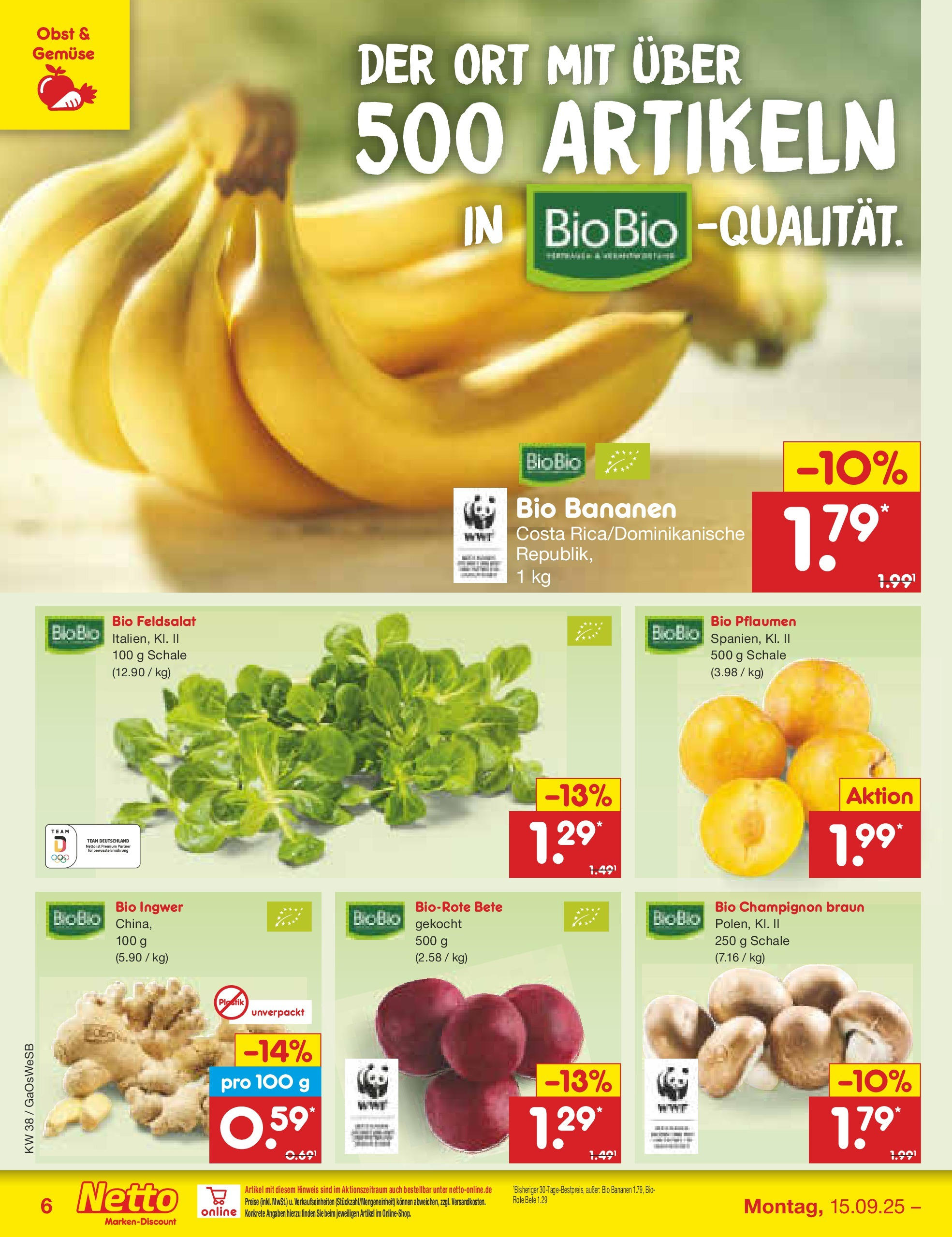 Netto Marken-Discount prospekt Bremen-Lesum	 (ab 15.09.2025) » Angebote | Seite: 6 | Produkte: Pflaumen, Bananen, Gemüse, Obst