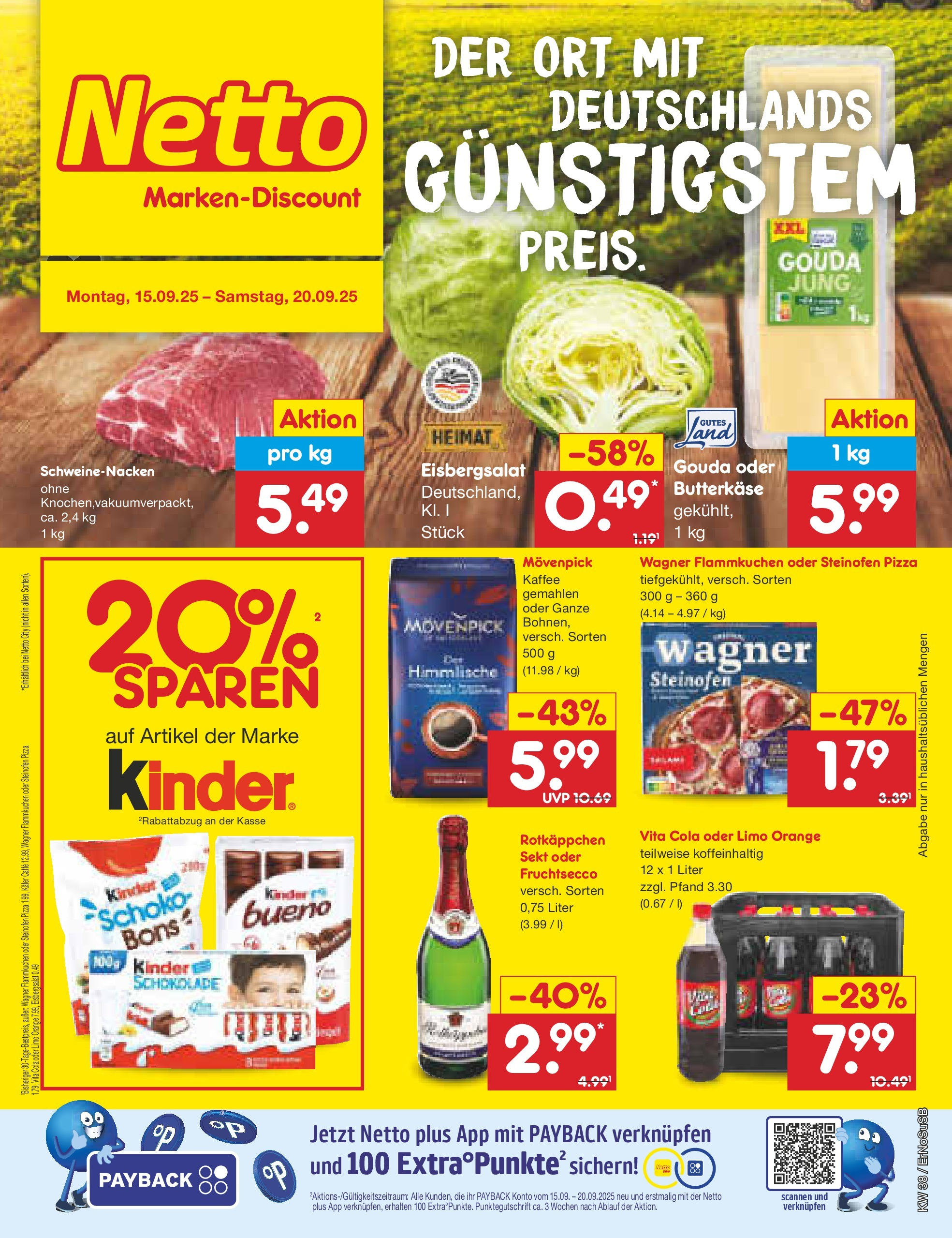 Netto Marken-Discount prospekt Elxleben	 (ab 15.09.2025) » Angebote | Seite: 1 | Produkte: Kinder schokolade, Schokolade, Schweinenacken, Vita cola