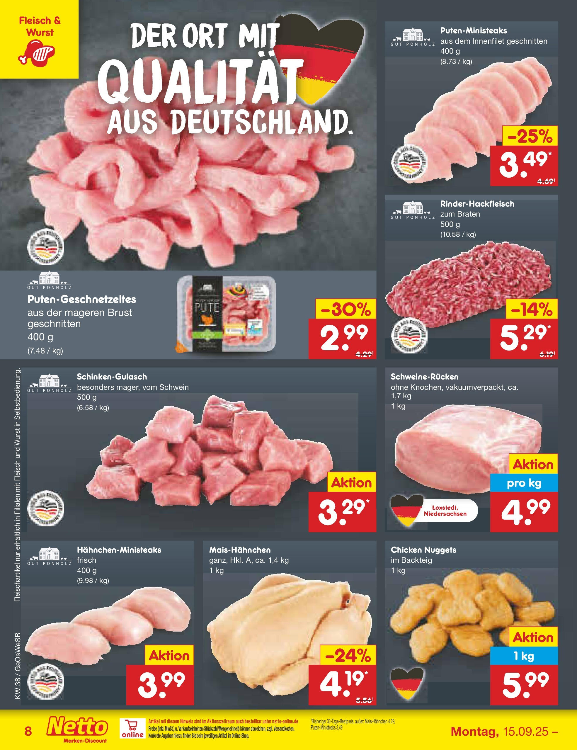 Netto Marken-Discount prospekt Bremen-Lesum	 (ab 15.09.2025) » Angebote | Seite: 8 | Produkte: Wurst, Schweinerucken, Fleisch