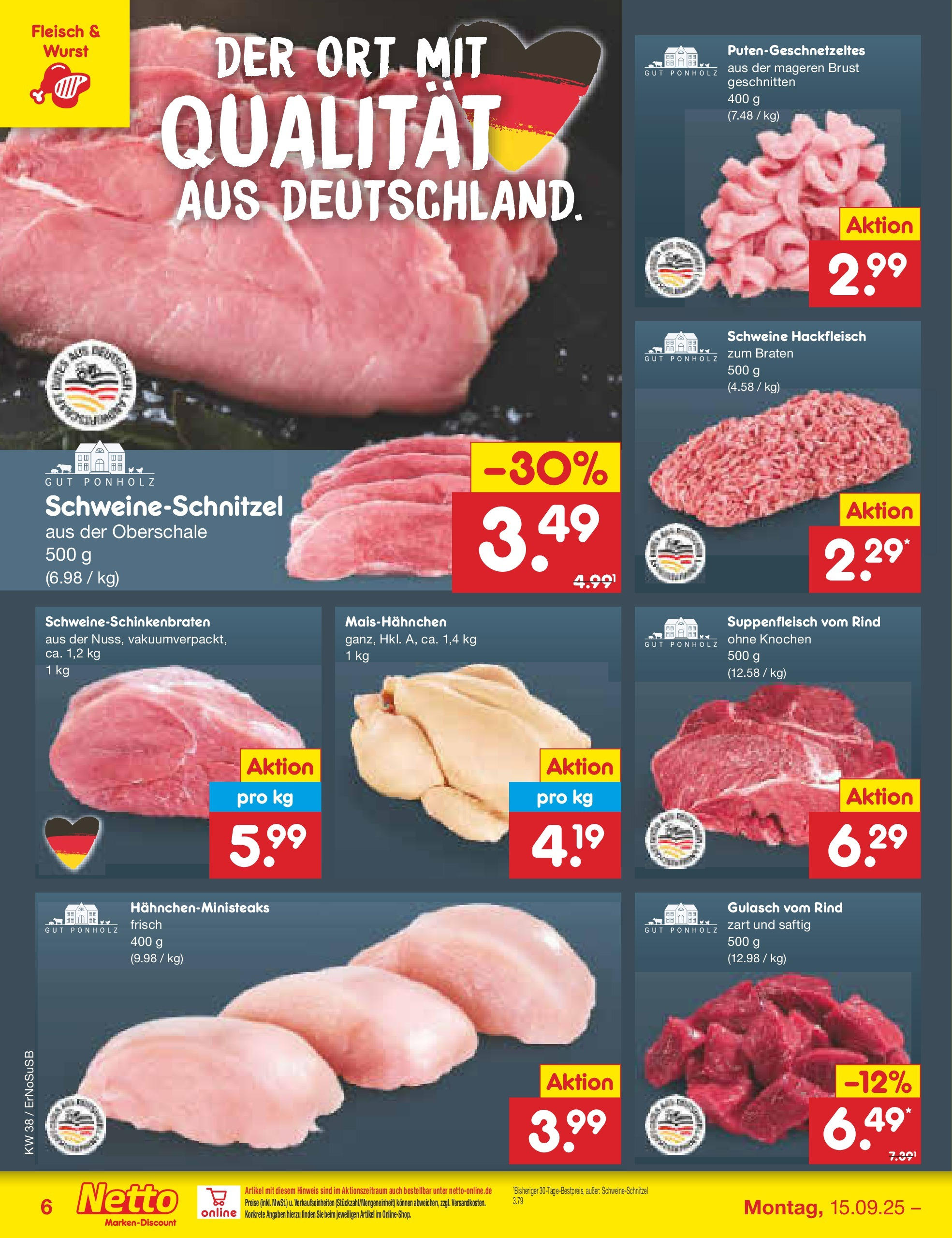 Netto Marken-Discount prospekt Elxleben	 (ab 15.09.2025) » Angebote | Seite: 6 | Produkte: Gulasch, Suppenfleisch, Wurst, Hackfleisch