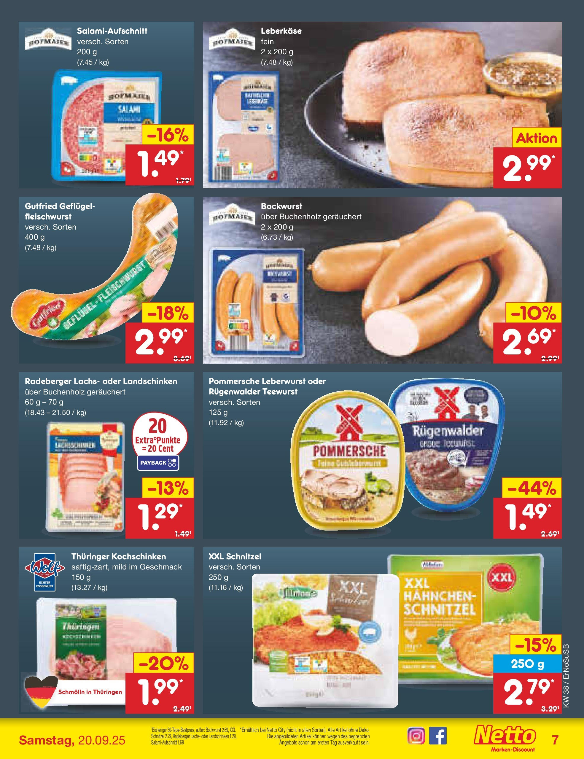 Netto Marken-Discount prospekt Elxleben	 (ab 15.09.2025) » Angebote | Seite: 7 | Produkte: Bockwurst, Schnitzel, Salami, Leberkase