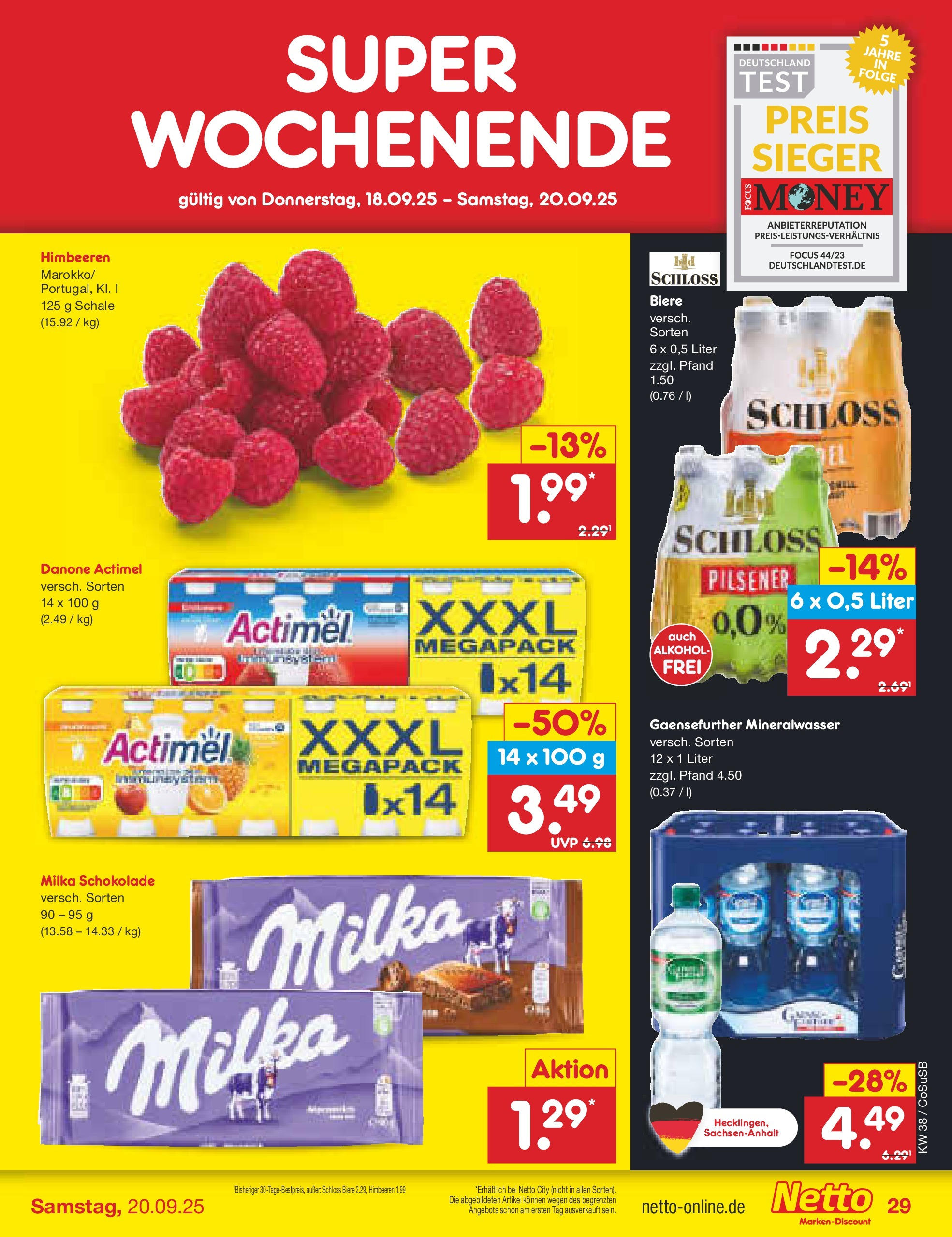 Netto Marken-Discount prospekt Bitterfeld-Wolfen	 (ab 14.09.2025) » Angebote | Seite: 31 | Produkte: Himbeeren, Actimel, Milka schokolade, Milka