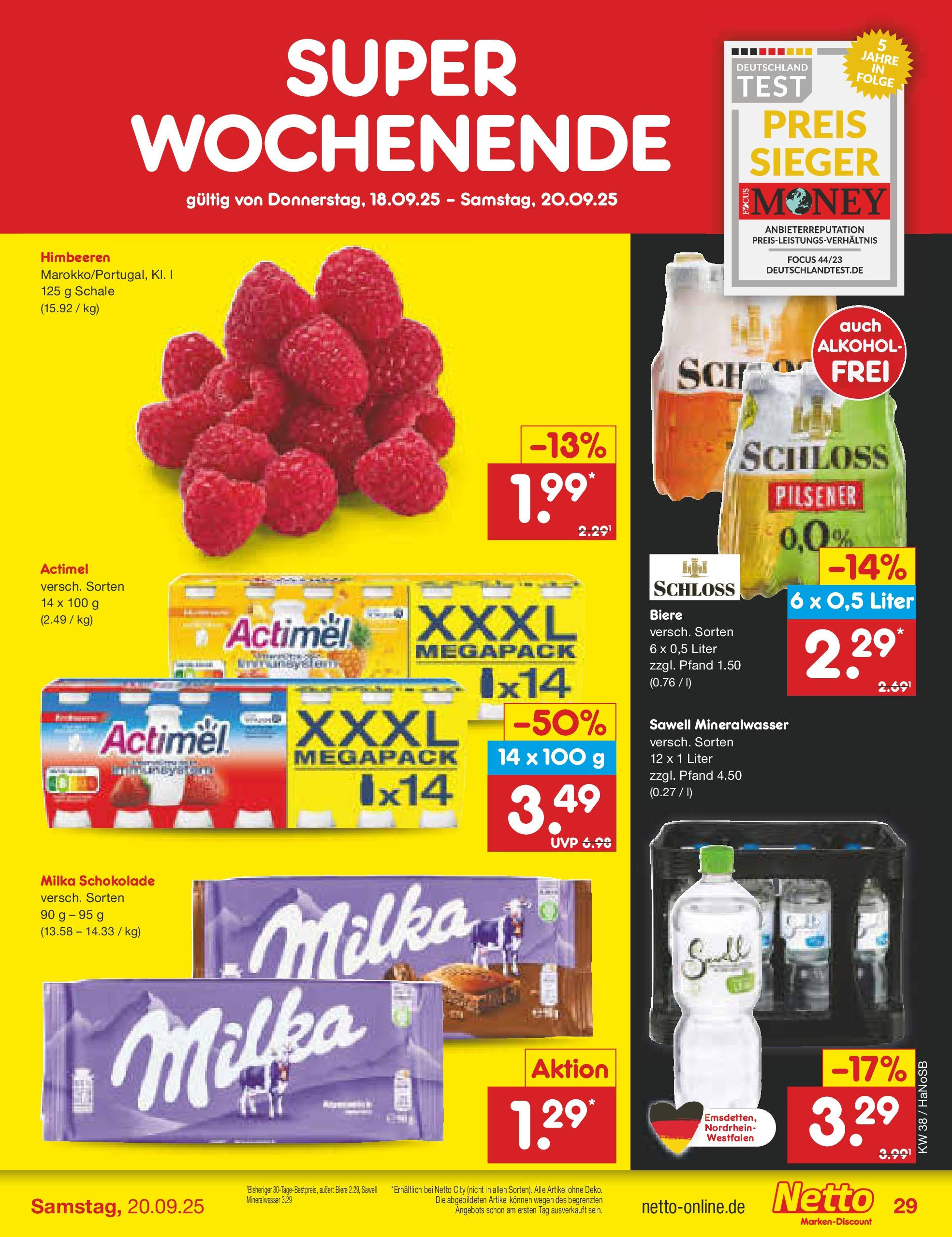 Netto Marken-Discount prospekt Schwerte-Geisecke (ab 15.09.2025) » Angebote | Seite: 31 | Produkte: Himbeeren, Actimel, Schokolade, Milka schokolade Netto Marken-Discount prospekt Schwerte-Geisecke (ab 15.09.2025) » Angebote | Seite: 31 | Produkte: Himbeeren, Actimel, Schokolade, Milka schokolade