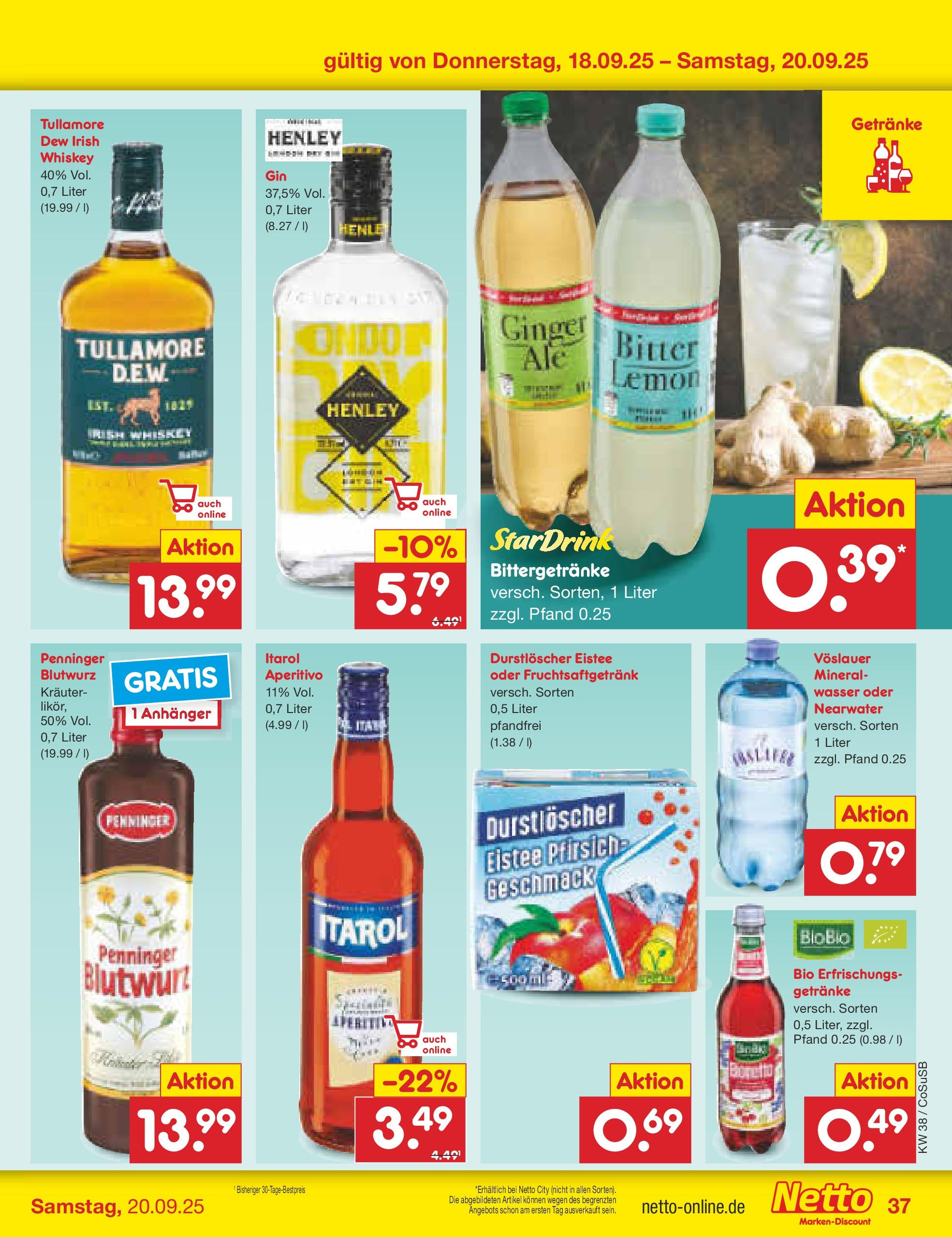 Netto Marken-Discount prospekt Bitterfeld-Wolfen	 (ab 14.09.2025) » Angebote | Seite: 39 | Produkte: Durstloscher, Wasser, Pfirsich, Whiskey