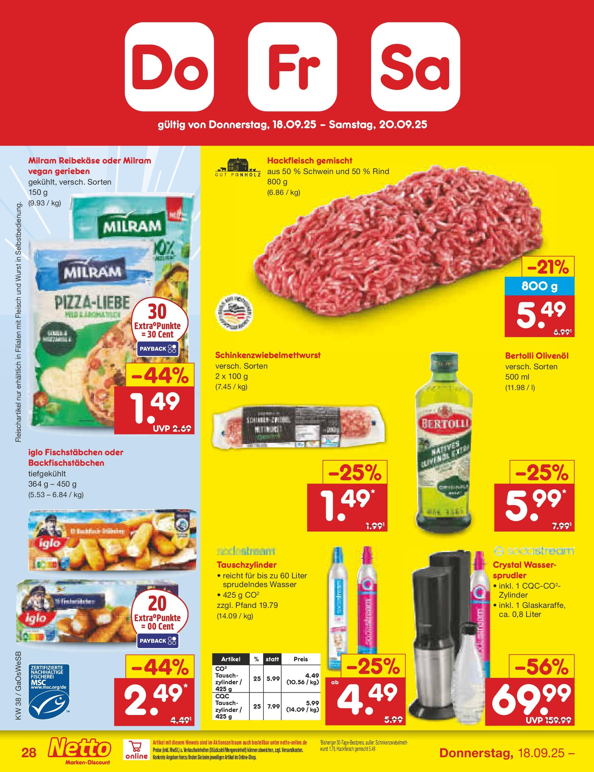 Netto Marken-Discount prospekt Bremen-Lesum	 (ab 15.09.2025) » Angebote | Seite: 32 | Produkte: Fischstabchen, Wasser, Reibekase, Hackfleisch