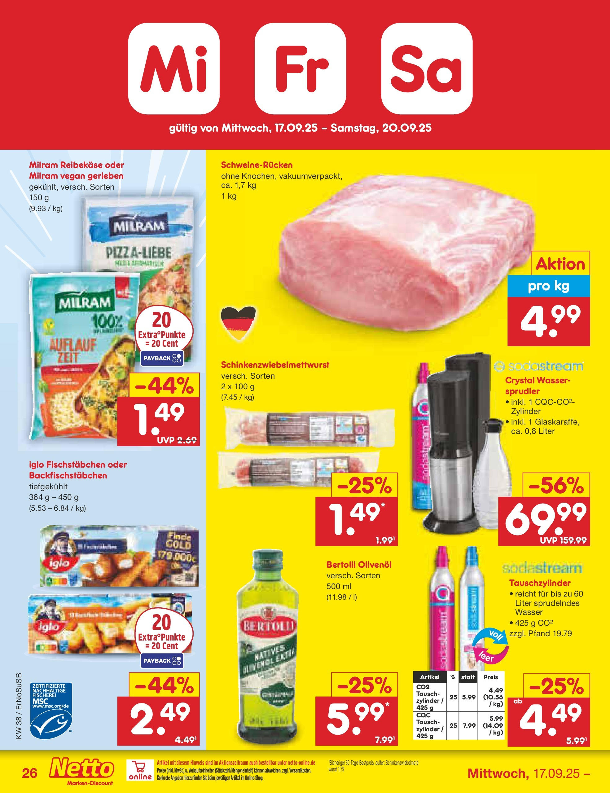 Netto Marken-Discount prospekt Elxleben	 (ab 15.09.2025) » Angebote | Seite: 32 | Produkte: Wasser, Schweinerucken, Reibekase, Sodastream