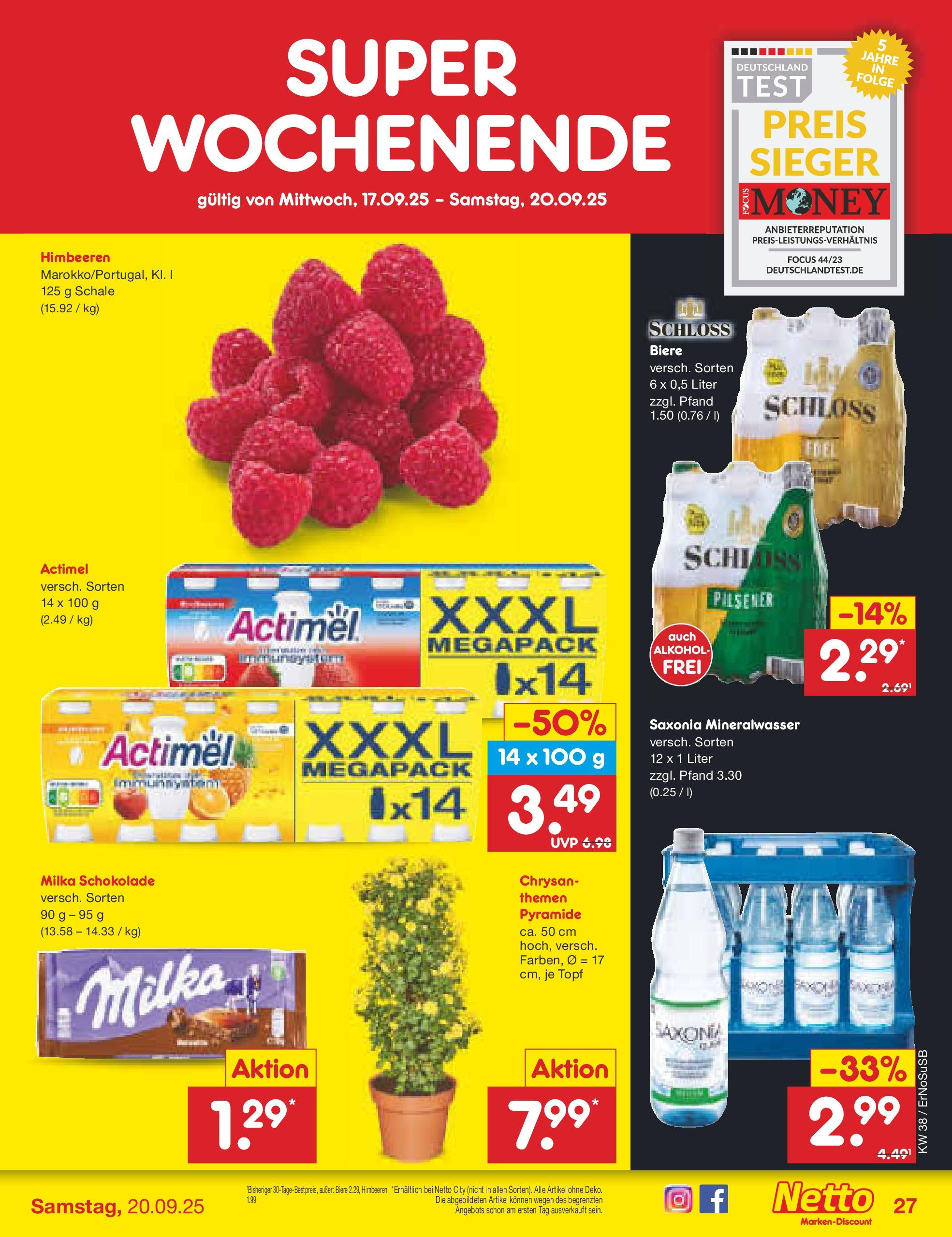Netto Marken-Discount prospekt Elxleben	 (ab 15.09.2025) » Angebote | Seite: 33 | Produkte: Himbeeren, Actimel, Schokolade, Mineralwasser