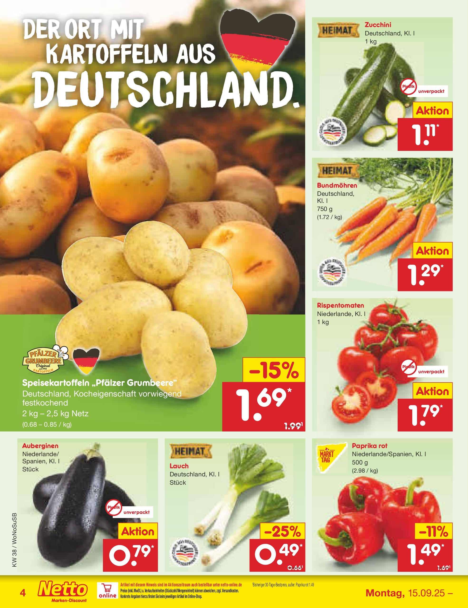 Netto Marken-Discount prospekt Frankfurt am Main (ab 15.09.2025) » Angebote | Seite: 4 | Produkte: Paprika rot, Kartoffeln, Paprika, Zucchini Netto Marken-Discount prospekt Frankfurt am Main (ab 15.09.2025) » Angebote | Seite: 4 | Produkte: Paprika rot, Kartoffeln, Paprika, Zucchini