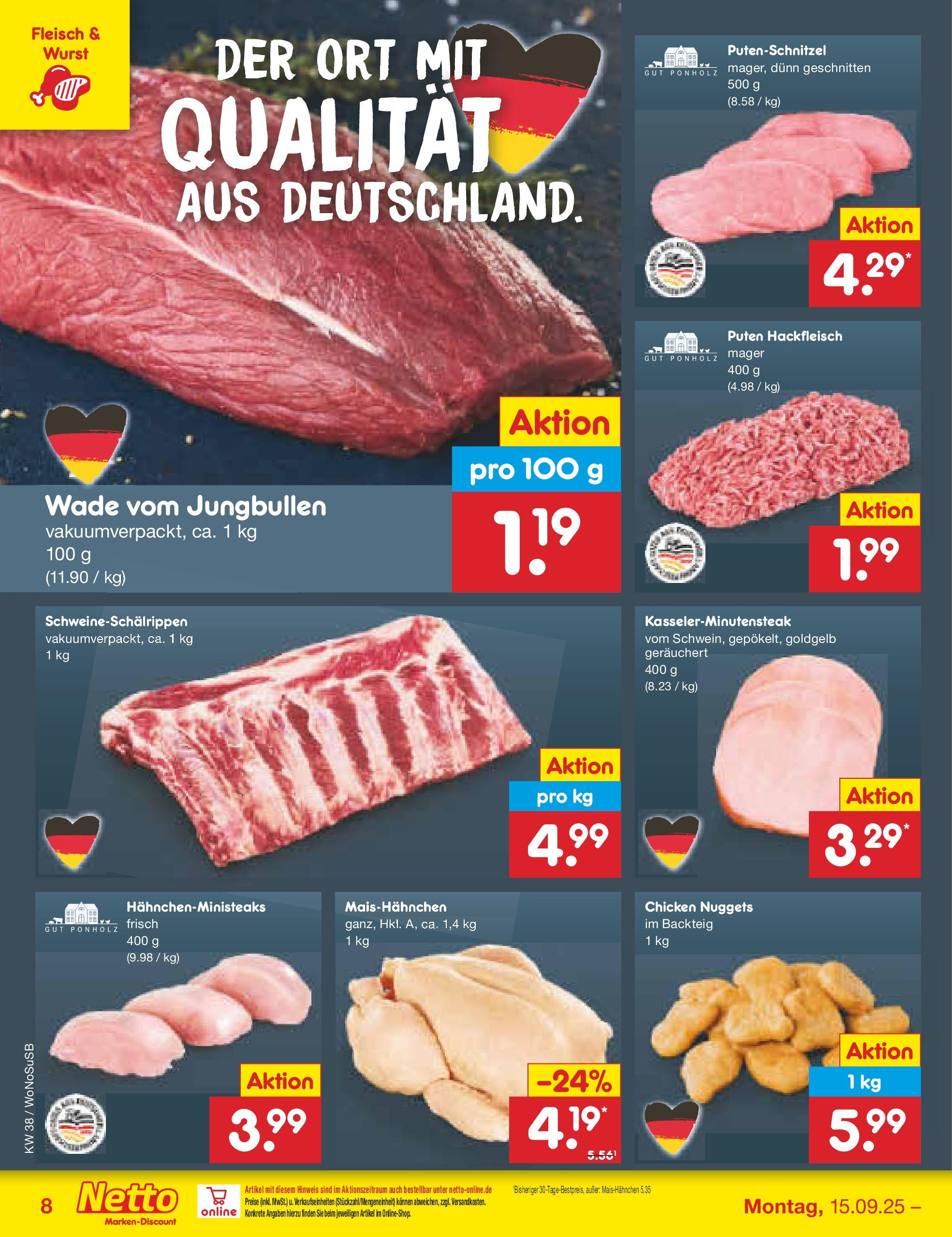 Netto Marken-Discount prospekt Frankfurt am Main (ab 15.09.2025) » Angebote | Seite: 8 | Produkte: Putenschnitzel, Wurst, Fleisch, Hackfleisch Netto Marken-Discount prospekt Frankfurt am Main (ab 15.09.2025) » Angebote | Seite: 8 | Produkte: Putenschnitzel, Wurst, Fleisch, Hackfleisch