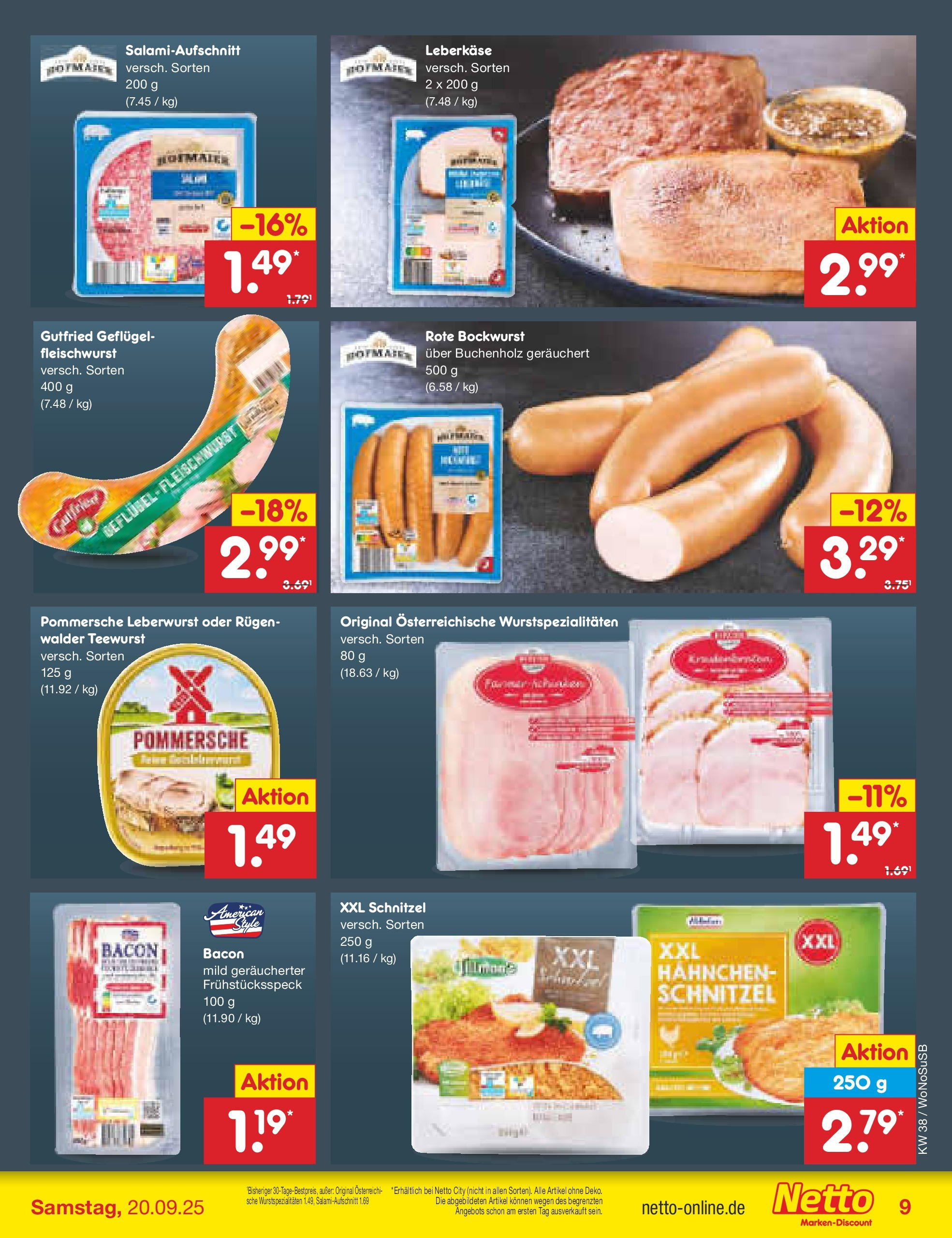Netto Marken-Discount prospekt Frankfurt am Main (ab 15.09.2025) » Angebote | Seite: 9 | Produkte: Bockwurst, Hahnchen, Schnitzel, Leberkase Netto Marken-Discount prospekt Frankfurt am Main (ab 15.09.2025) » Angebote | Seite: 9 | Produkte: Bockwurst, Hahnchen, Schnitzel, Leberkase