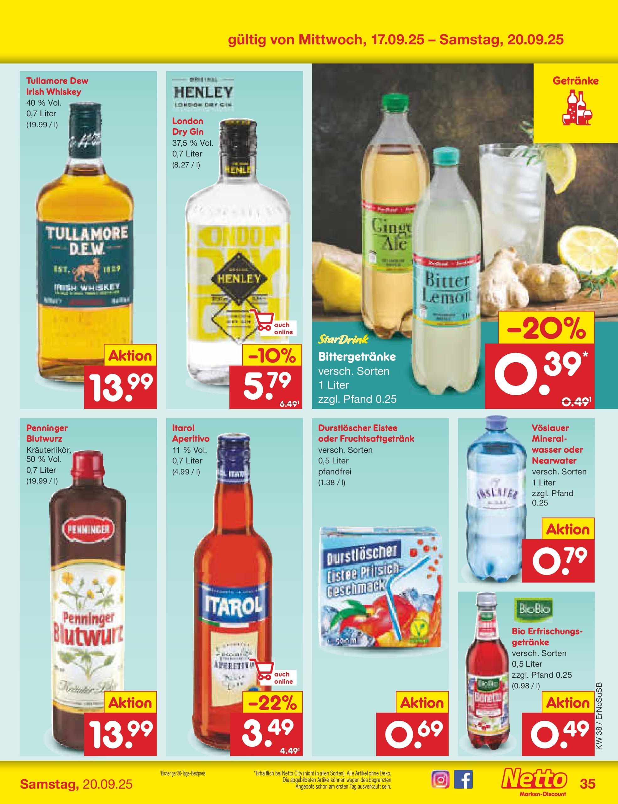 Netto Marken-Discount prospekt Elxleben	 (ab 15.09.2025) » Angebote | Seite: 41 | Produkte: Durstloscher, Wasser, Gin, Whiskey