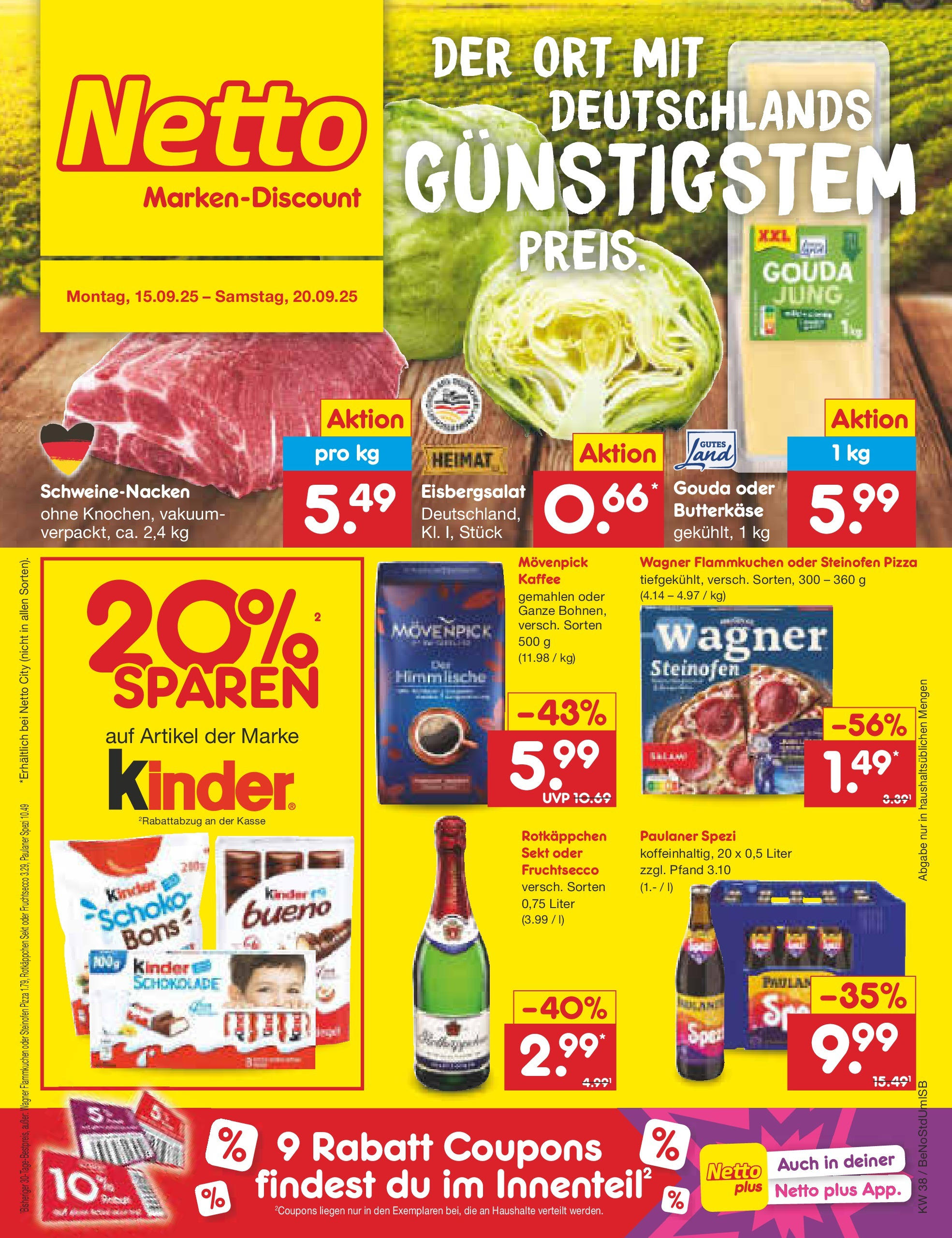 Netto Marken-Discount prospekt Berlin-Spandau	 (ab 15.09.2025) » Angebote | Seite: 1 | Produkte: Rotkappchen sekt, Eisbergsalat, Pizza, Paulaner