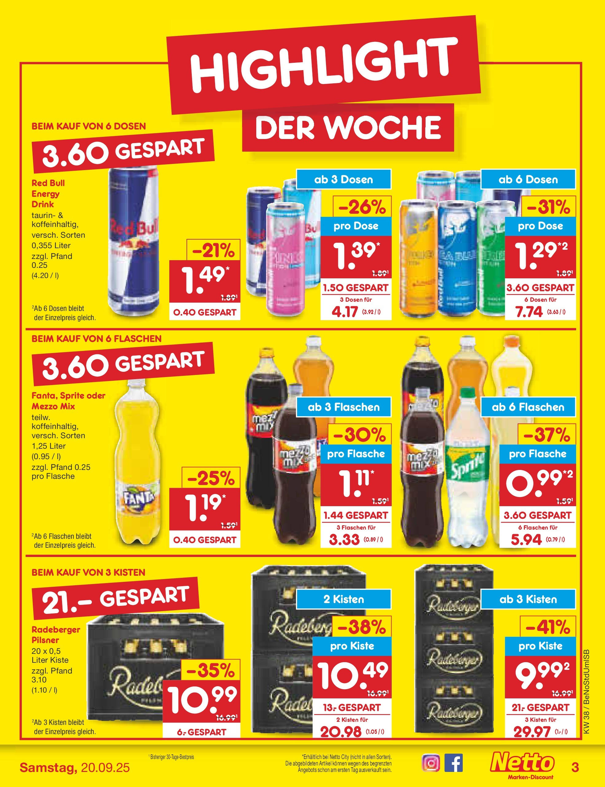 Netto Marken-Discount prospekt Berlin-Spandau	 (ab 15.09.2025) » Angebote | Seite: 3 | Produkte: Mezzo mix, Red bull, Fanta, Sprite