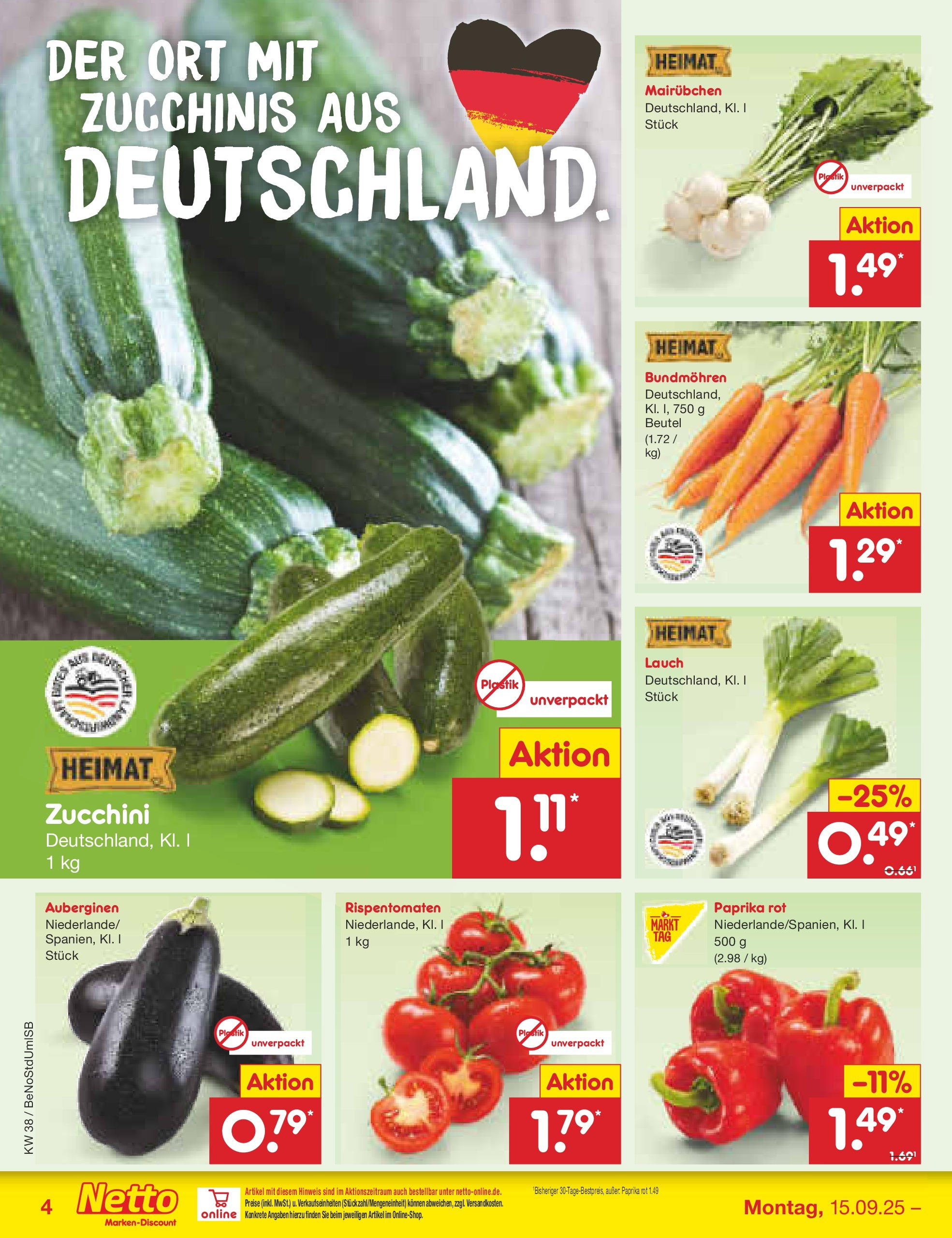 Netto Marken-Discount prospekt Berlin-Spandau	 (ab 15.09.2025) » Angebote | Seite: 4 | Produkte: Paprika rot, Paprika, Zucchini