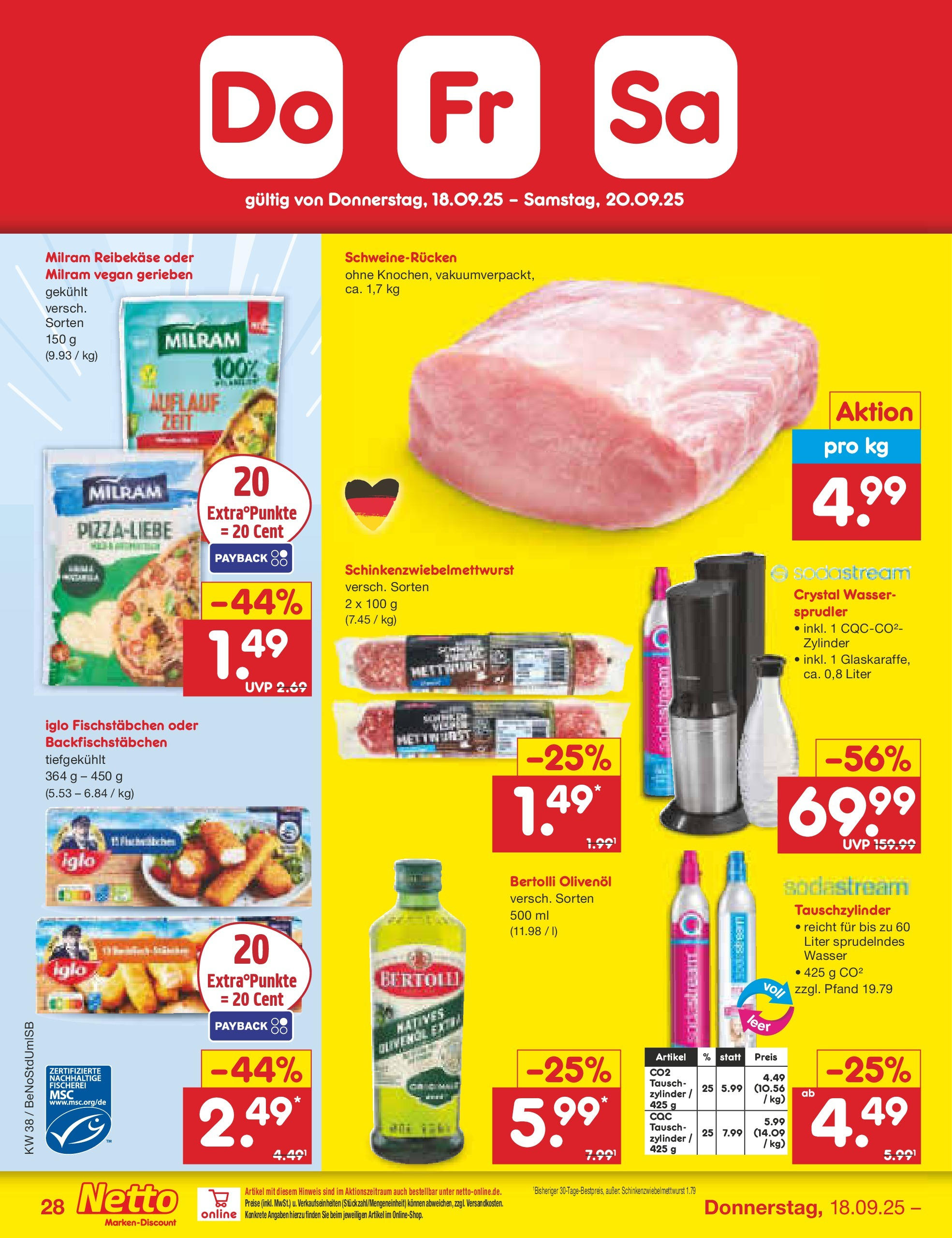 Netto Marken-Discount prospekt Berlin-Spandau	 (ab 15.09.2025) » Angebote | Seite: 32 | Produkte: Olivenol, Bertolli olivenol, Milram, Schweinerucken