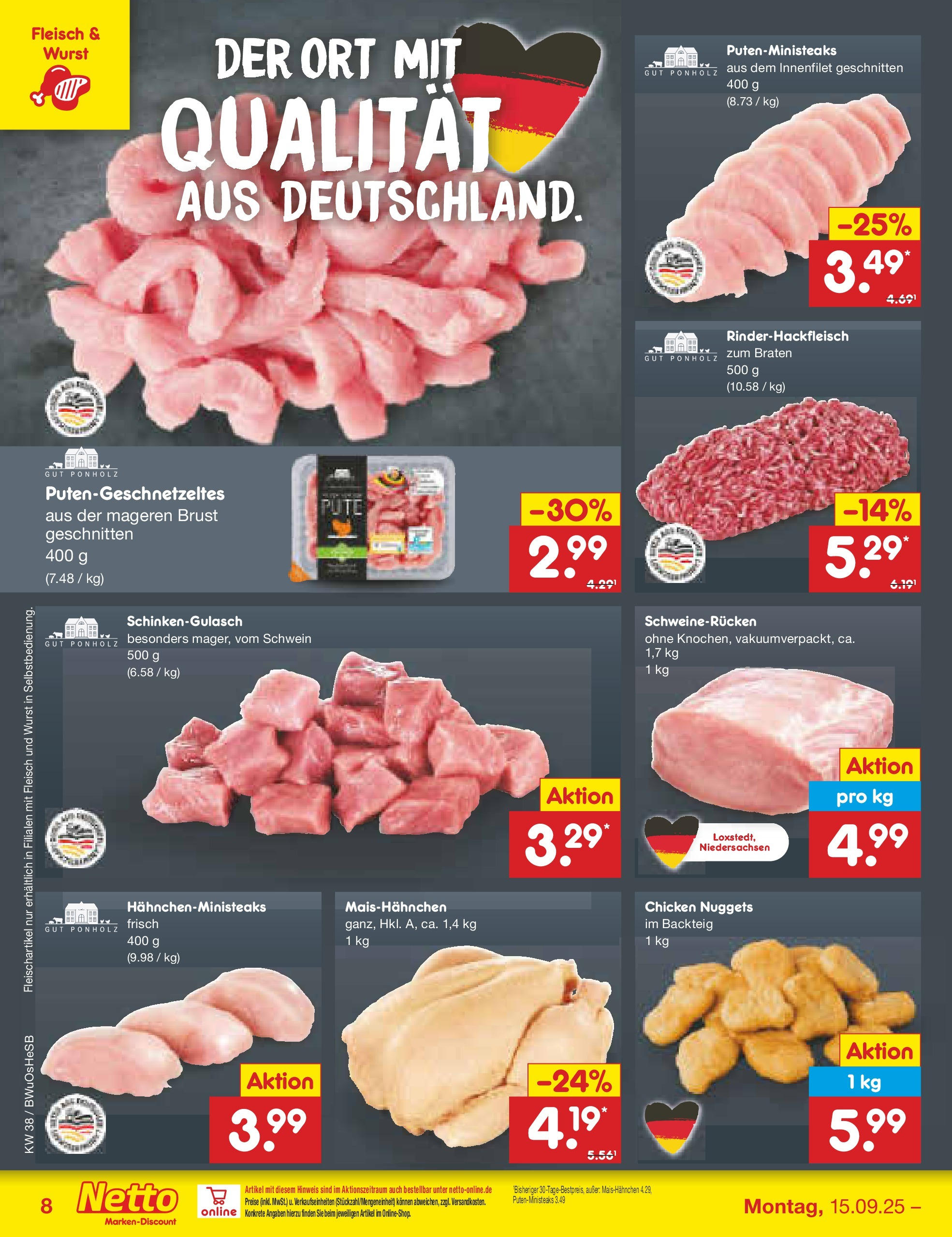 Netto Marken-Discount prospekt Osterode	 (ab 15.09.2025) » Angebote | Seite: 8 | Produkte: Wurst, Schweinerucken, Fleisch
