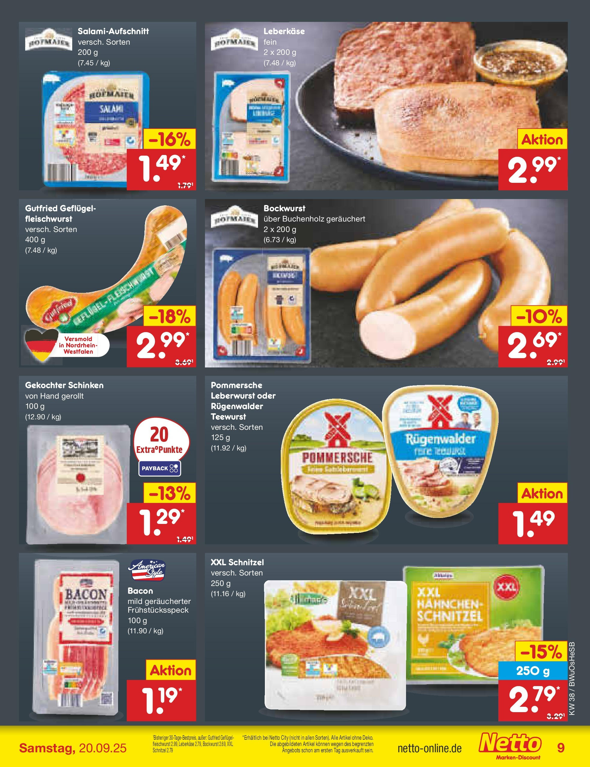 Netto Marken-Discount prospekt Osterode	 (ab 15.09.2025) » Angebote | Seite: 9 | Produkte: Hahnchen, Salami, Schinken, Leberkase