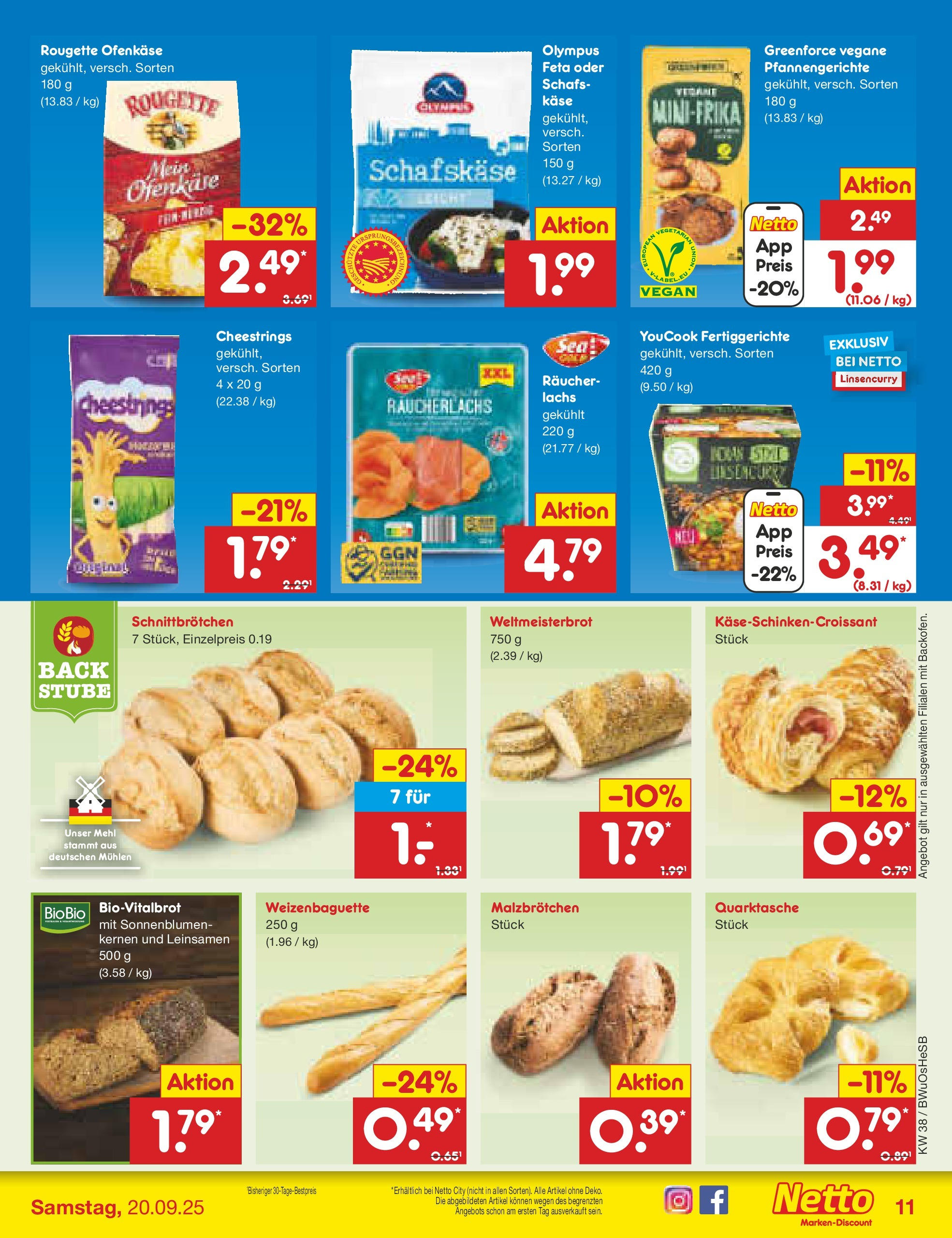 Netto Marken-Discount prospekt Osterode	 (ab 15.09.2025) » Angebote | Seite: 11 | Produkte: Mehl, Feta, Rougette ofenkase, Lachs
