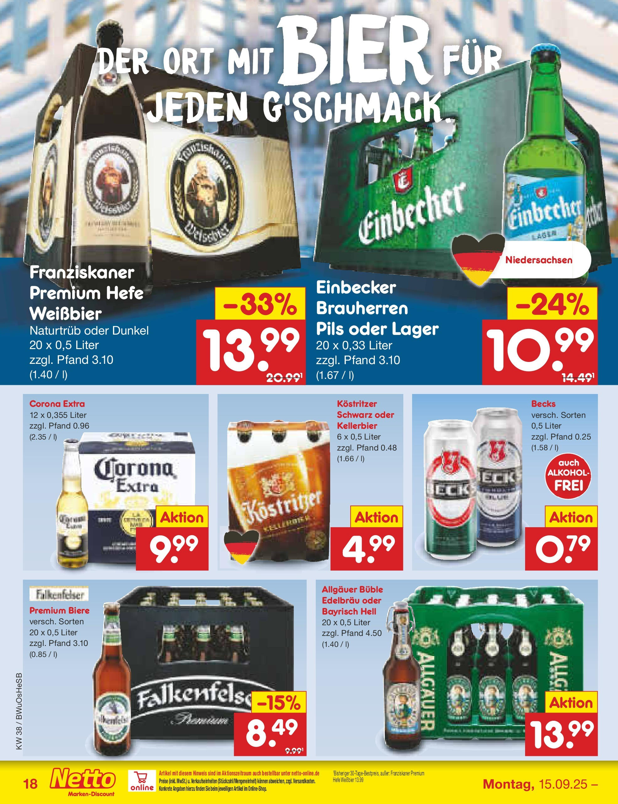 Netto Marken-Discount prospekt Osterode	 (ab 15.09.2025) » Angebote | Seite: 18 | Produkte: Franziskaner, Kostritzer, Bier, Hefe weissbier