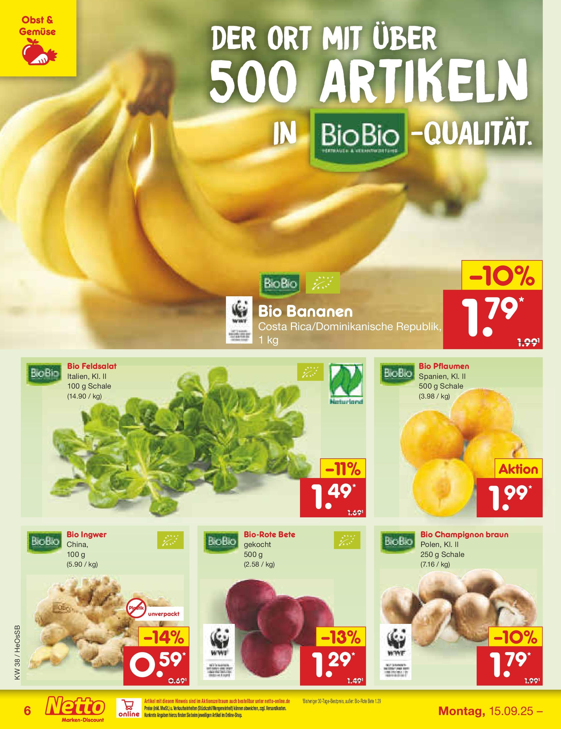 Netto Marken-Discount prospekt Kröpelin	 (ab 15.09.2025) » Angebote | Seite: 6 | Produkte: Pflaumen, Bananen, Gemüse, Obst