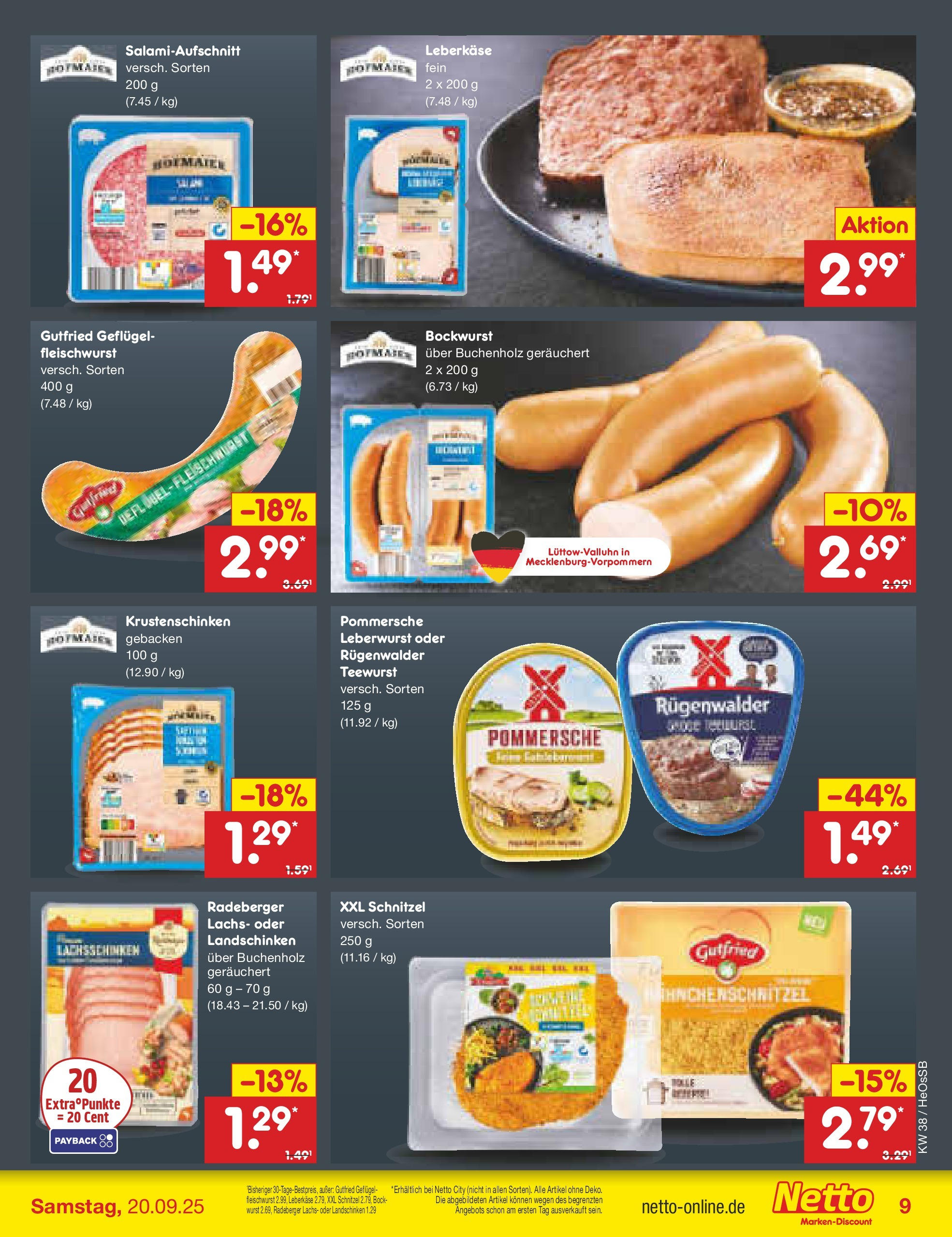 Netto Marken-Discount prospekt Kröpelin	 (ab 15.09.2025) » Angebote | Seite: 9 | Produkte: Bockwurst, Lachs, Wurst, Leberkase