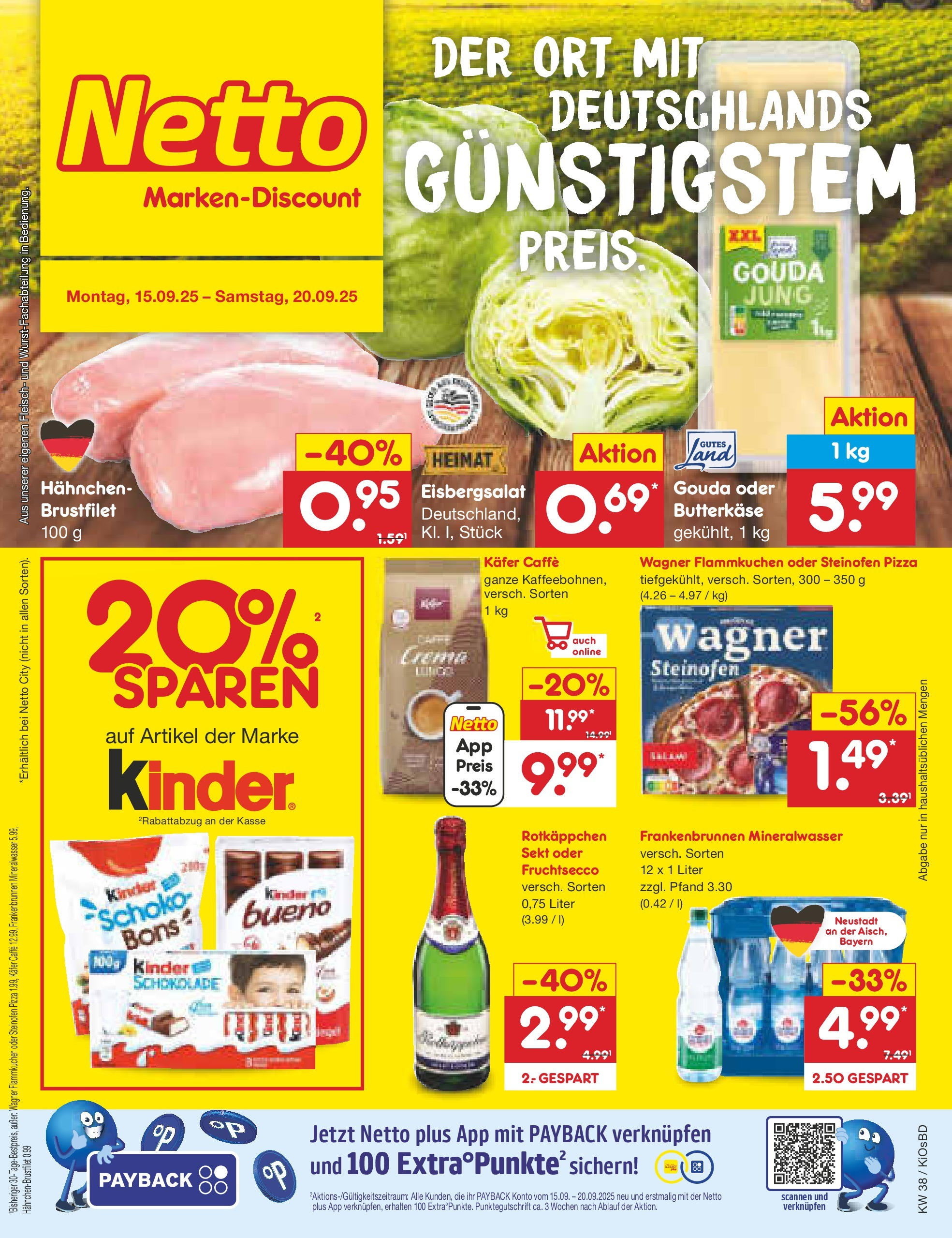 Netto Marken-Discount prospekt Mistelbach	 (ab 14.09.2025) » Angebote | Seite: 1 | Produkte: Hahnchen, Gouda, Eisbergsalat, Mineralwasser