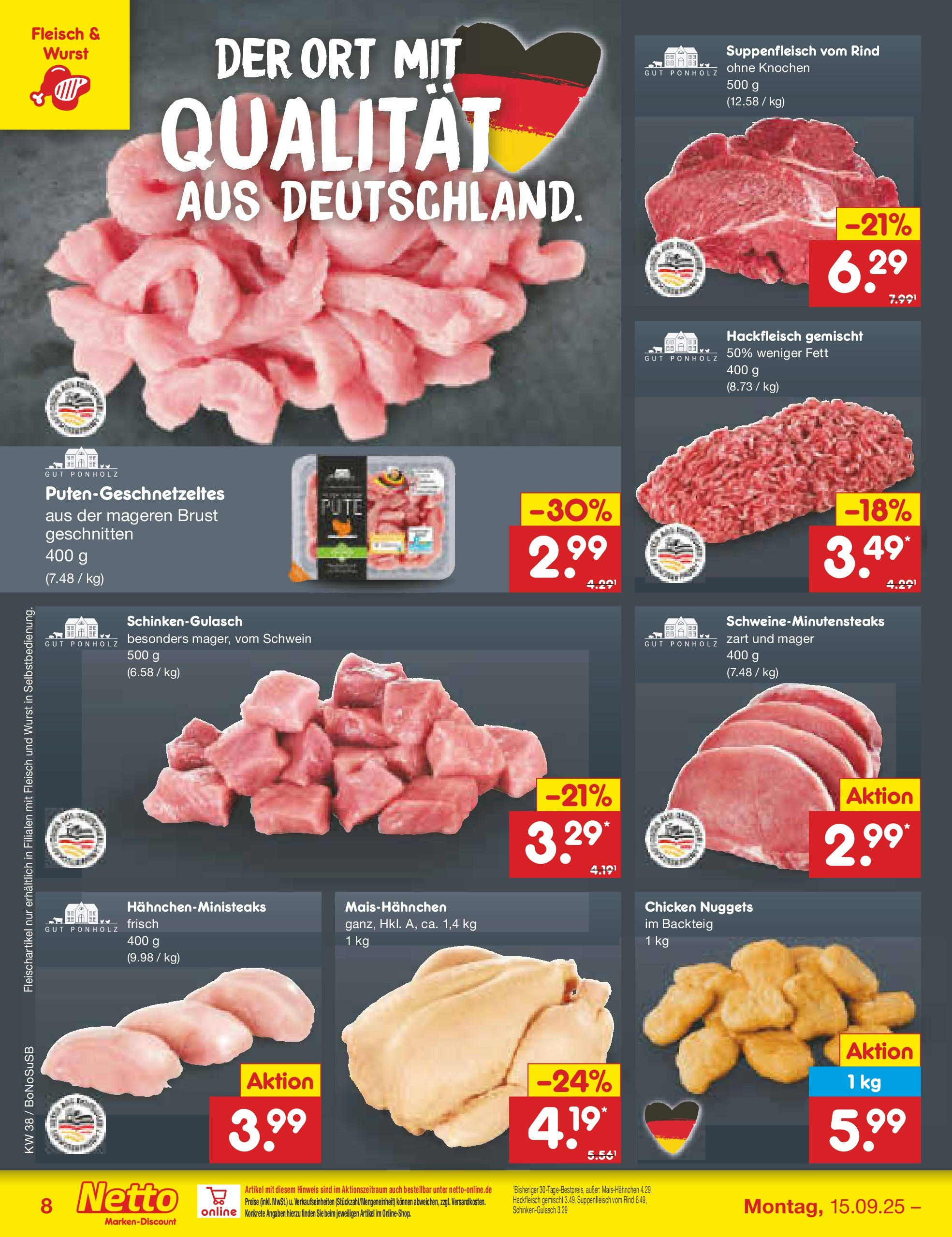 Netto Marken-Discount prospekt Herne	 (ab 15.09.2025) » Angebote | Seite: 8 | Produkte: Suppenfleisch, Wurst, Fleisch, Hackfleisch