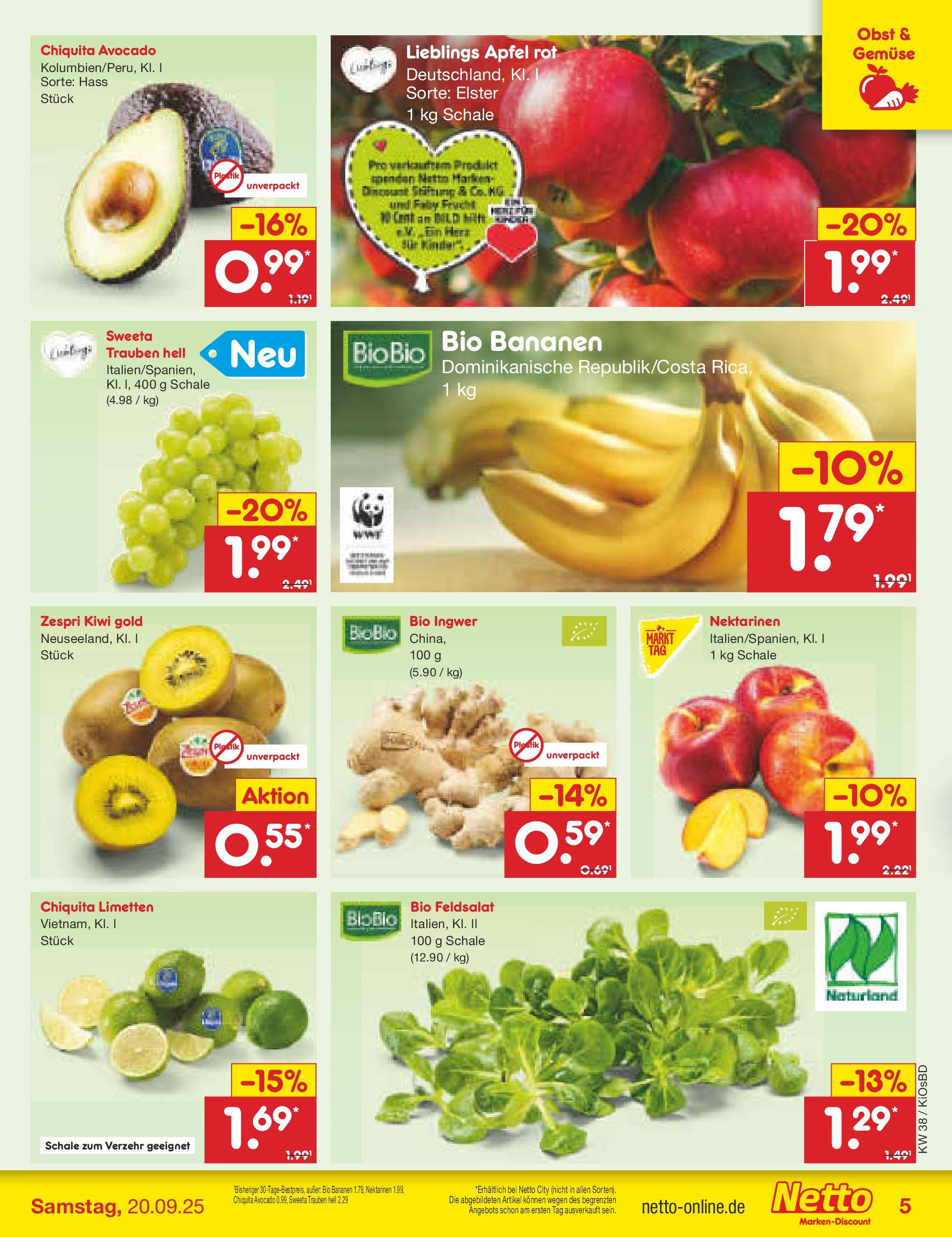 Netto Marken-Discount prospekt Mistelbach	 (ab 14.09.2025) » Angebote | Seite: 5 | Produkte: Nektarinen, Limetten, Gemüse, Obst