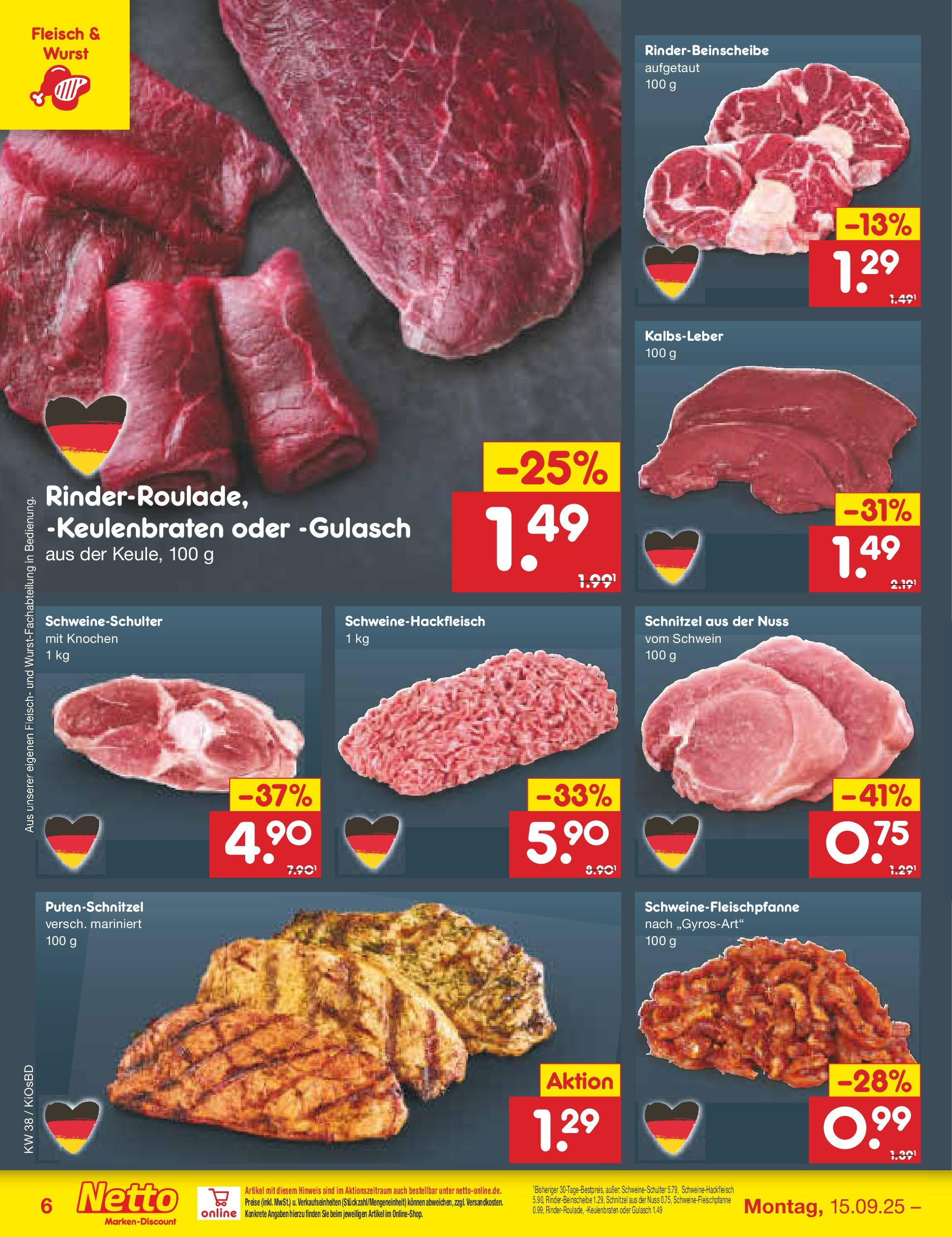 Netto Marken-Discount prospekt Mistelbach	 (ab 14.09.2025) » Angebote | Seite: 6 | Produkte: Gulasch, Putenschnitzel, Wurst, Fleisch