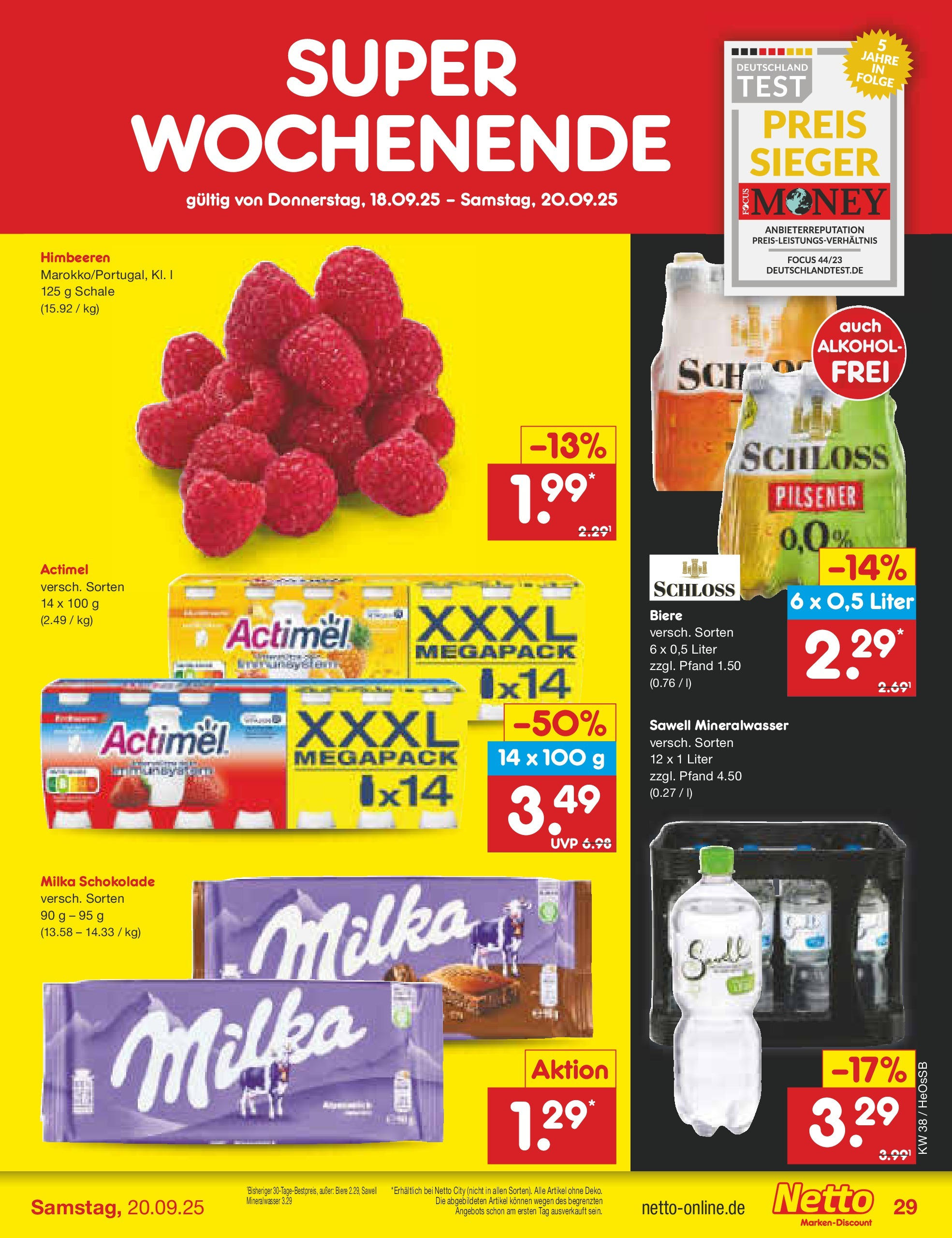 Netto Marken-Discount prospekt Kröpelin	 (ab 15.09.2025) » Angebote | Seite: 31 | Produkte: Himbeeren, Milka schokolade, Milka, Mineralwasser