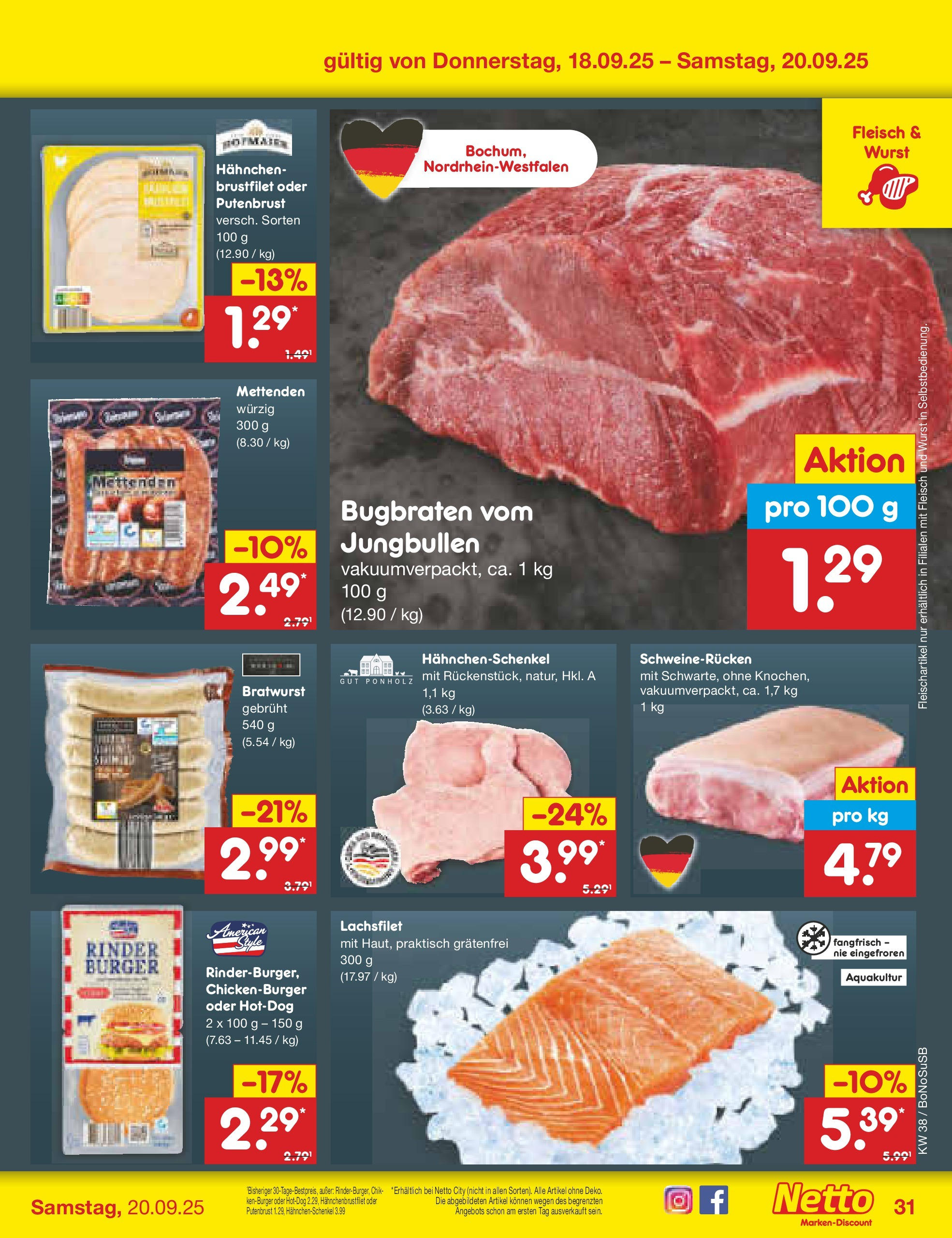 Netto Marken-Discount prospekt Herne	 (ab 15.09.2025) » Angebote | Seite: 35 | Produkte: Hahnchenschenkel, Bratwurst, Burger, Schweinerucken