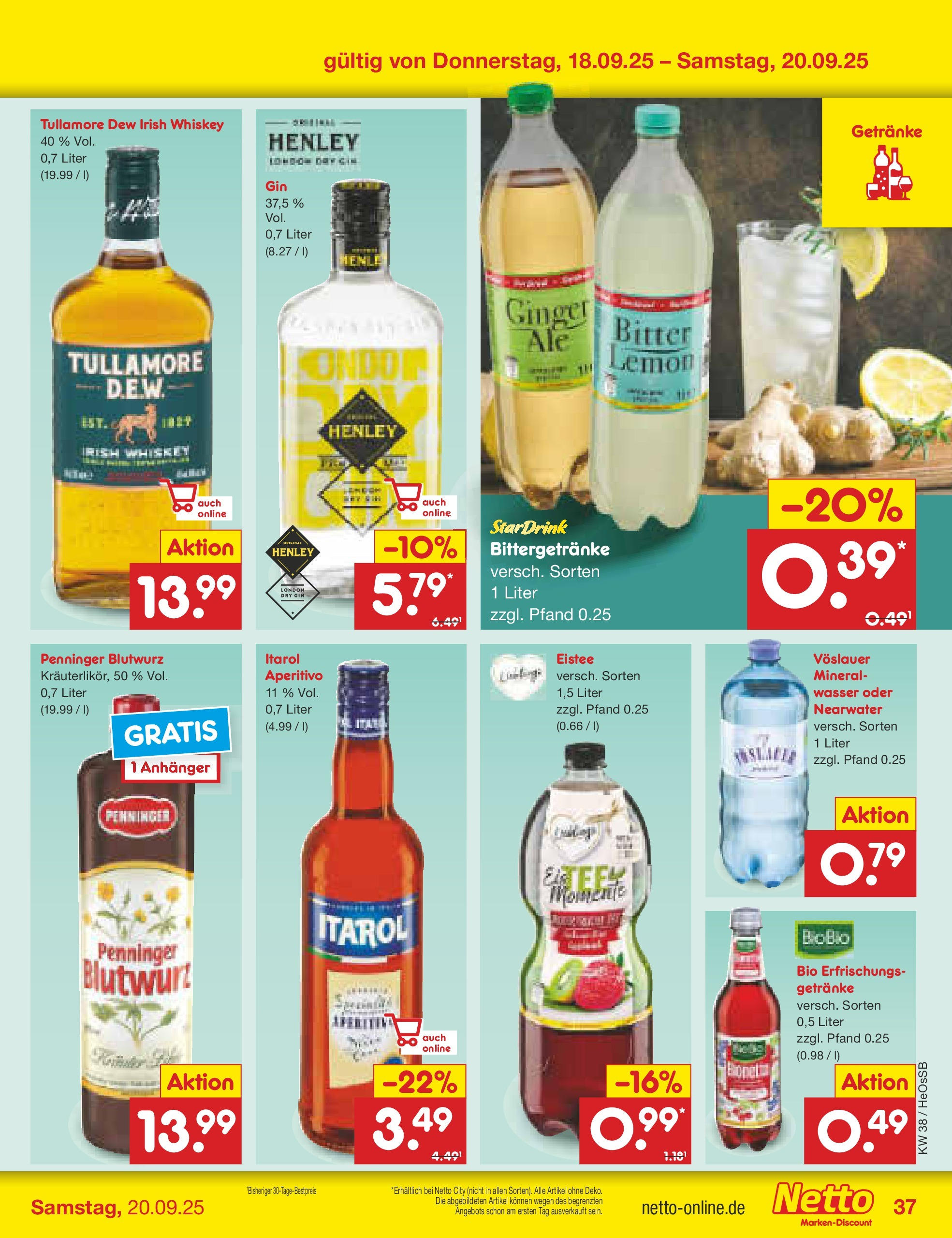 Netto Marken-Discount prospekt Kröpelin	 (ab 15.09.2025) » Angebote | Seite: 39 | Produkte: Wasser, Gin, Whiskey