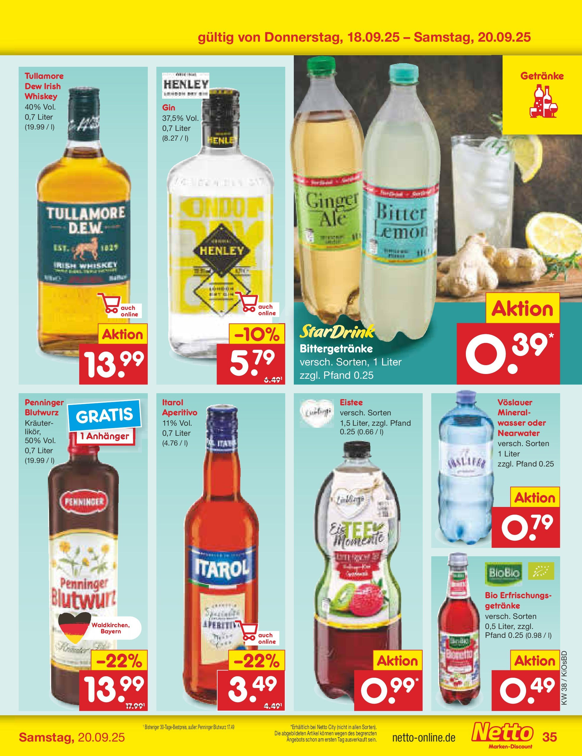 Netto Marken-Discount prospekt Mistelbach	 (ab 14.09.2025) » Angebote | Seite: 39 | Produkte: Wasser, Whiskey