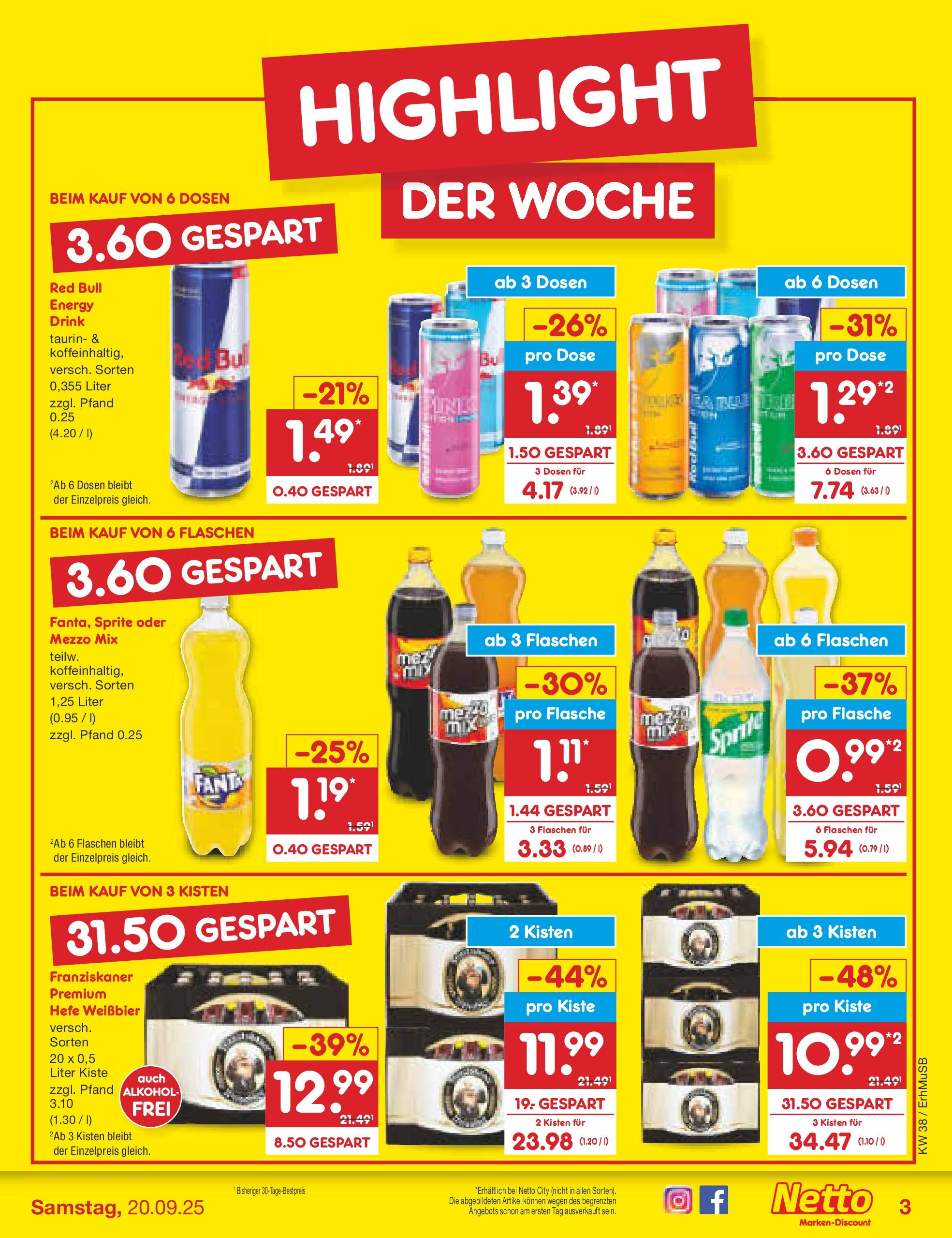 Netto Marken-Discount prospekt München	 (ab 15.09.2025) » Angebote | Seite: 3 | Produkte: Franziskaner, Mezzo mix, Hefe weissbier, Oder mezzo mix