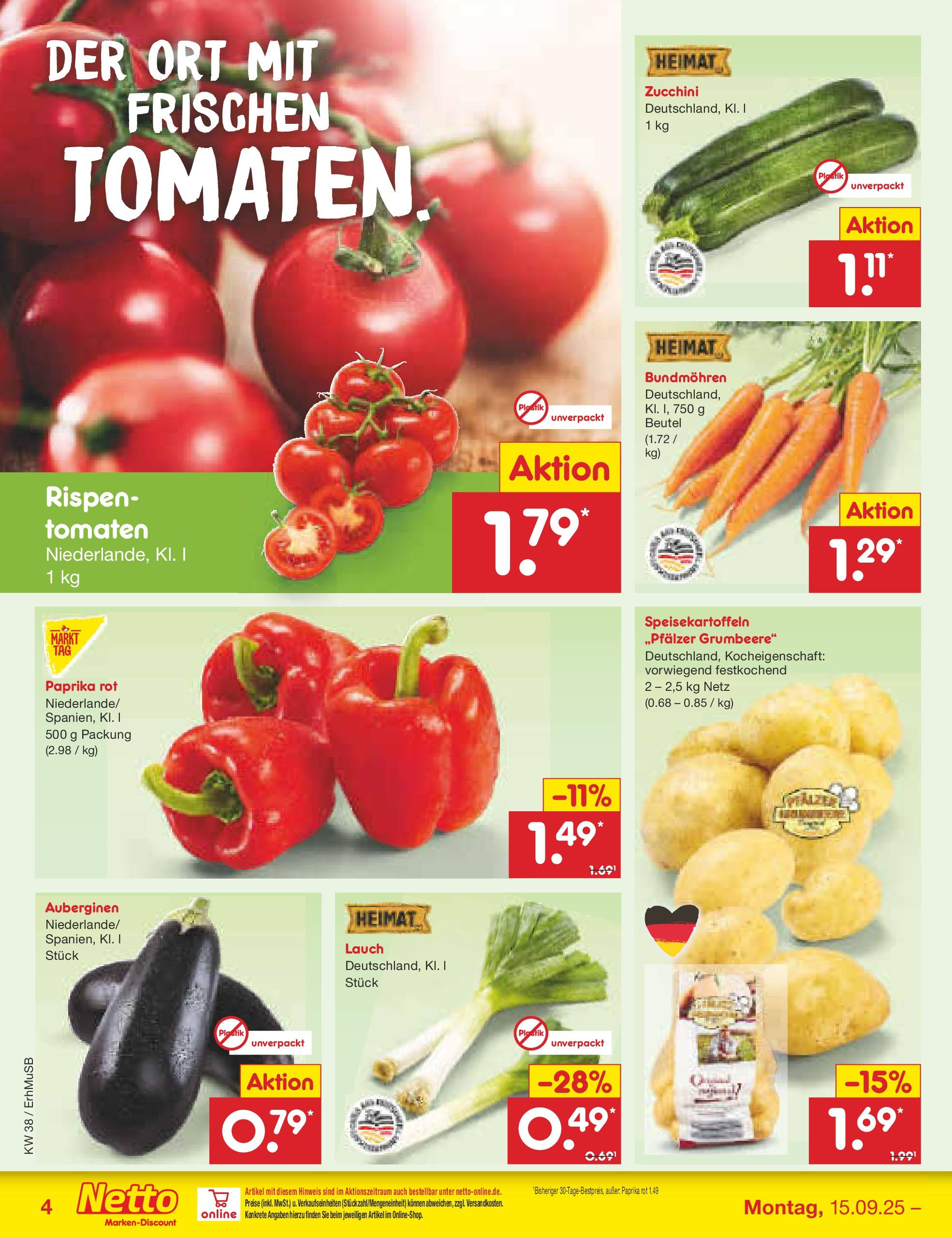 Netto Marken-Discount prospekt München	 (ab 15.09.2025) » Angebote | Seite: 4 | Produkte: Paprika rot, Tomaten, Paprika, Zucchini