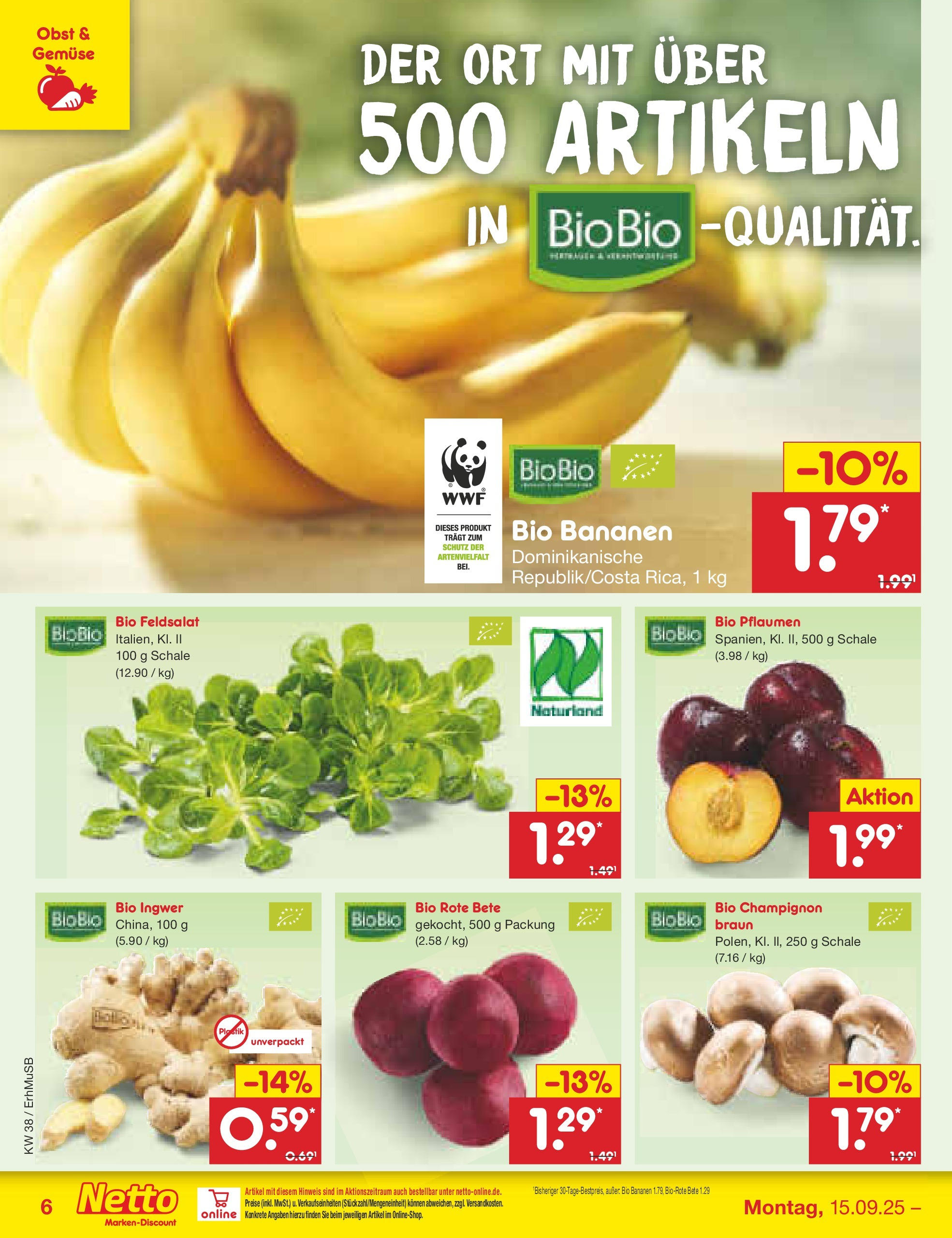 Netto Marken-Discount prospekt München	 (ab 15.09.2025) » Angebote | Seite: 6 | Produkte: Pflaumen, Bananen, Gemüse, Obst