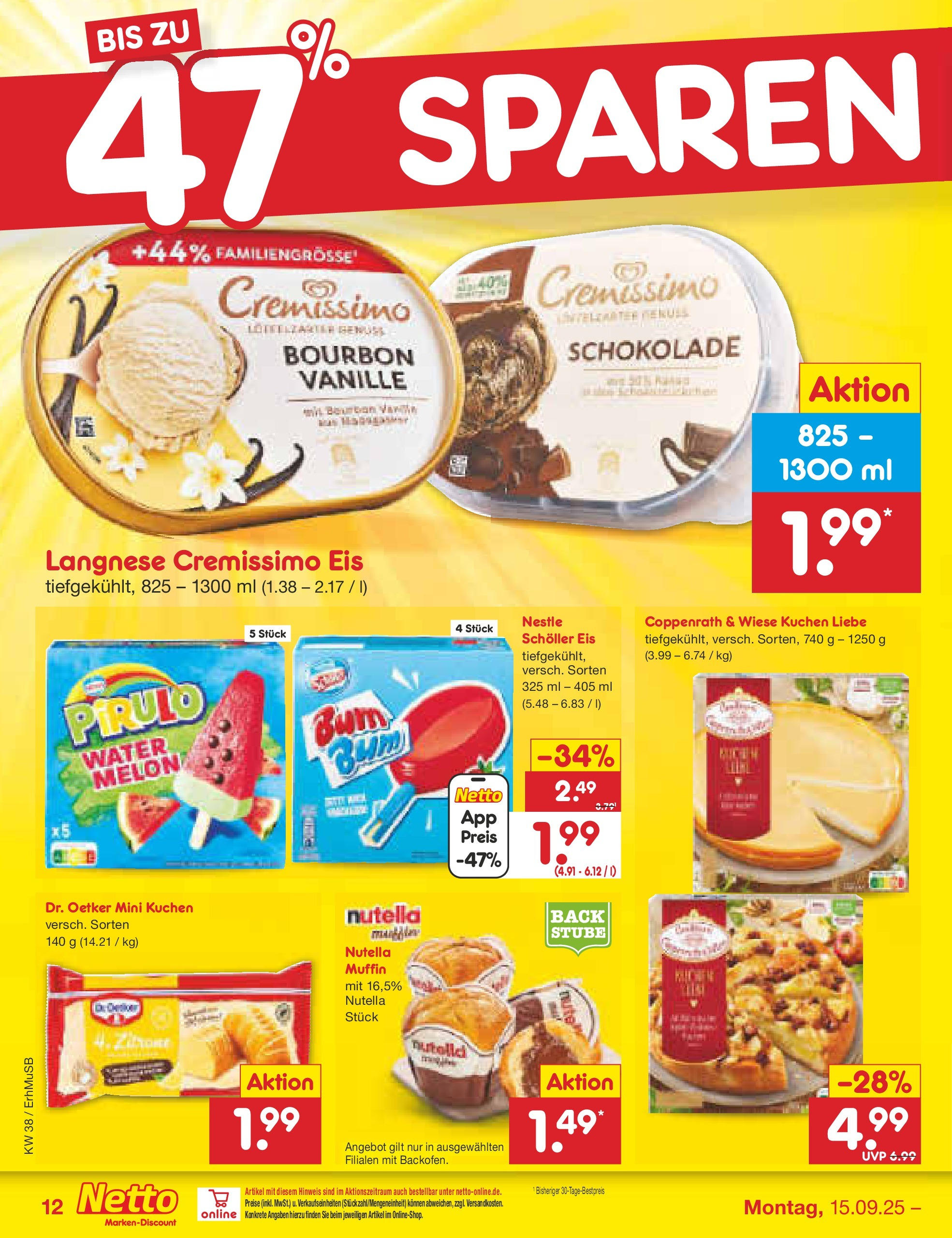 Netto Marken-Discount prospekt München	 (ab 15.09.2025) » Angebote | Seite: 12 | Produkte: Cremissimo, Schokolade, Kuchen, Eis