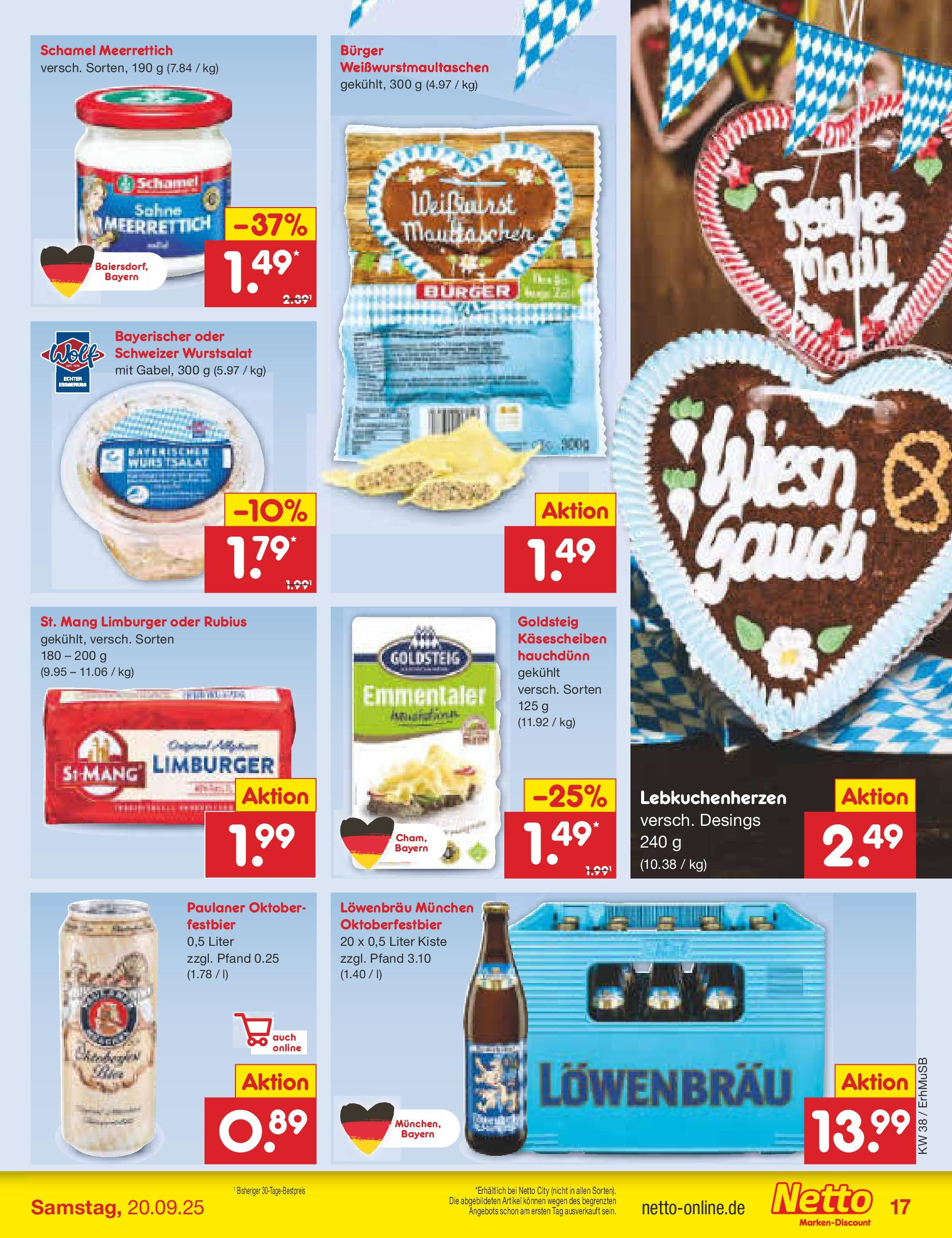 Netto Marken-Discount prospekt München	 (ab 15.09.2025) » Angebote | Seite: 17 | Produkte: Burger, Maultaschen, Sahne, Paulaner