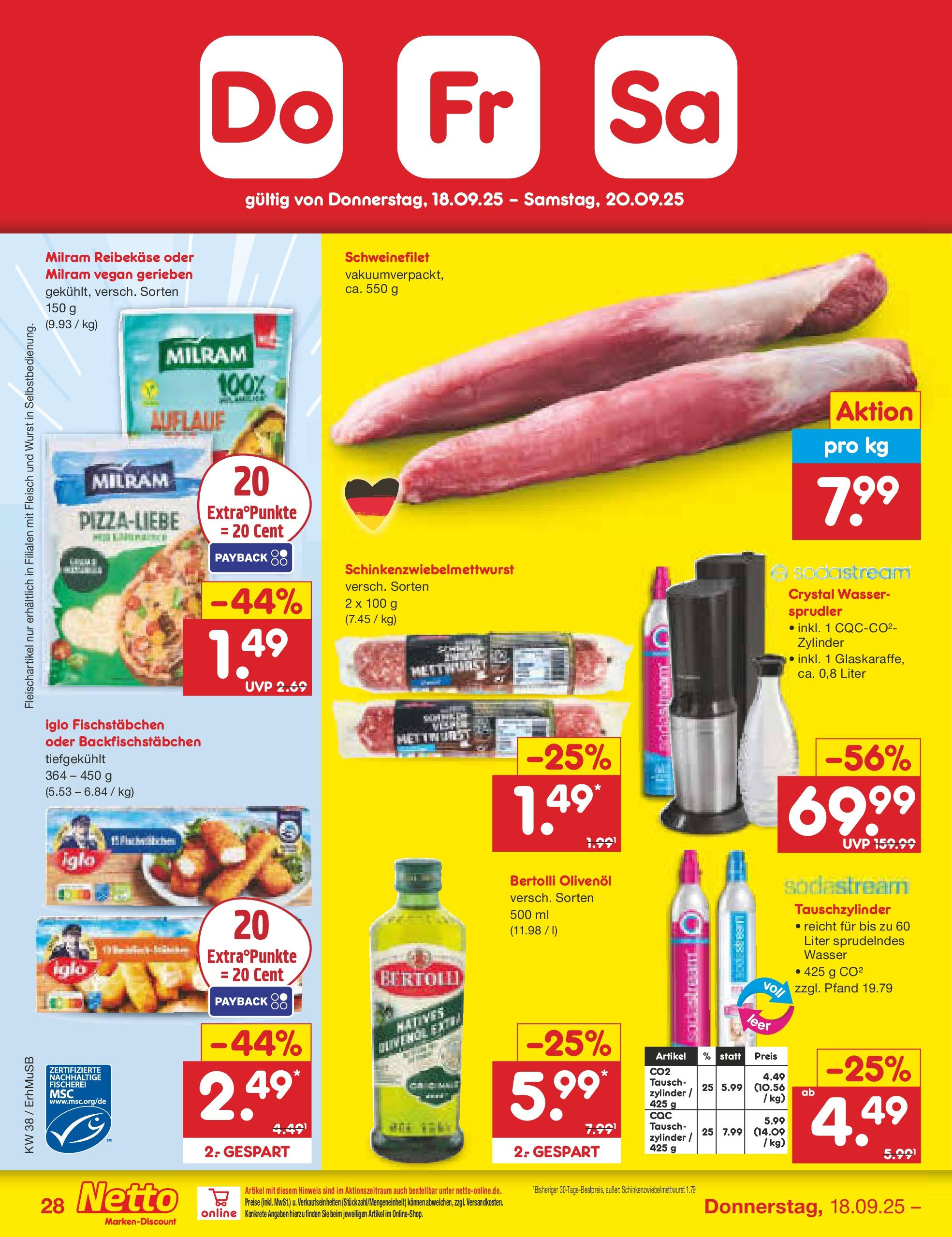 Netto Marken-Discount prospekt München	 (ab 15.09.2025) » Angebote | Seite: 32 | Produkte: Schweinefilet, Fischstabchen, Milram, Reibekase