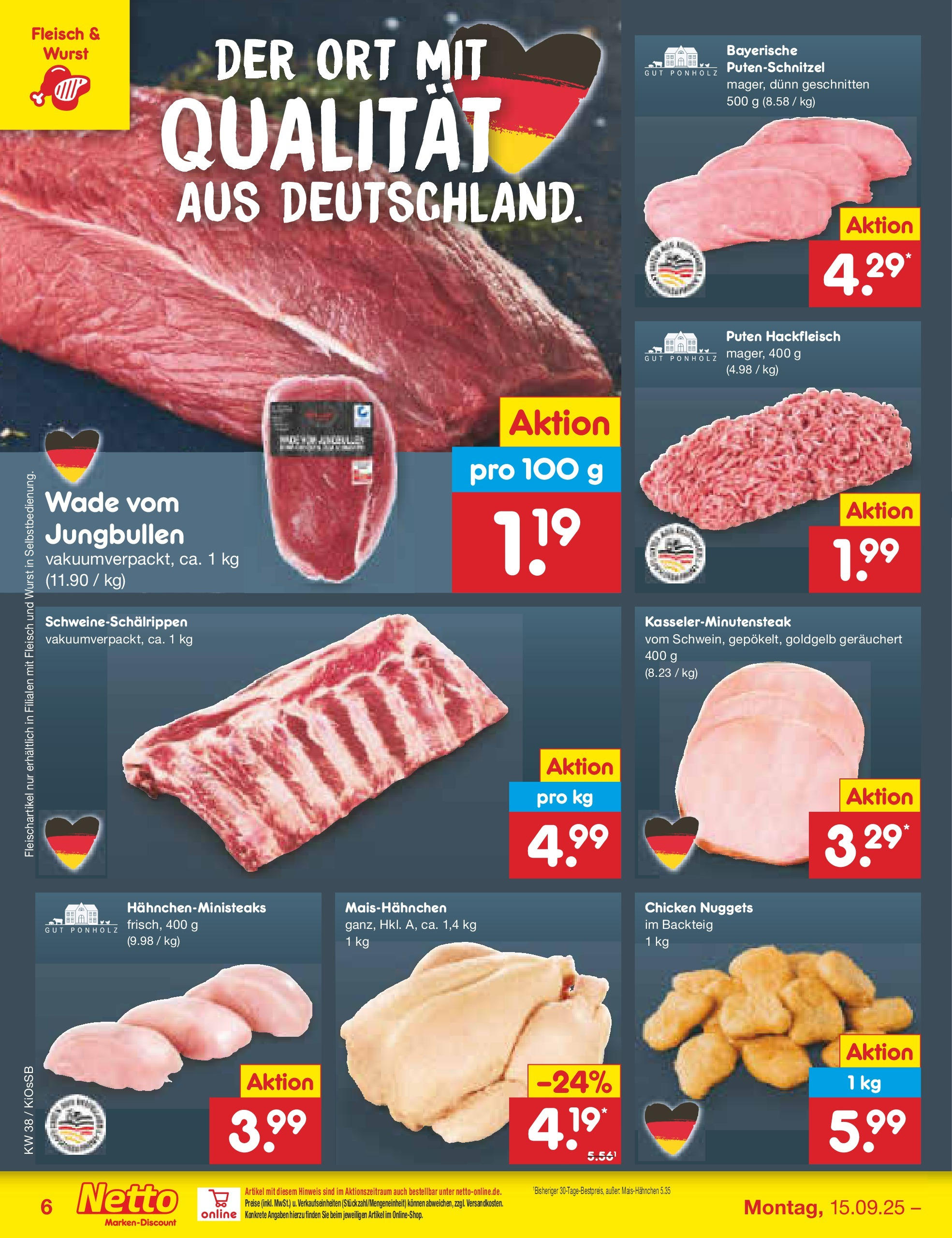 Netto Marken-Discount prospekt Oberhaid	 (ab 14.09.2025) » Angebote | Seite: 6 | Produkte: Putenschnitzel, Wurst, Fleisch, Hackfleisch
