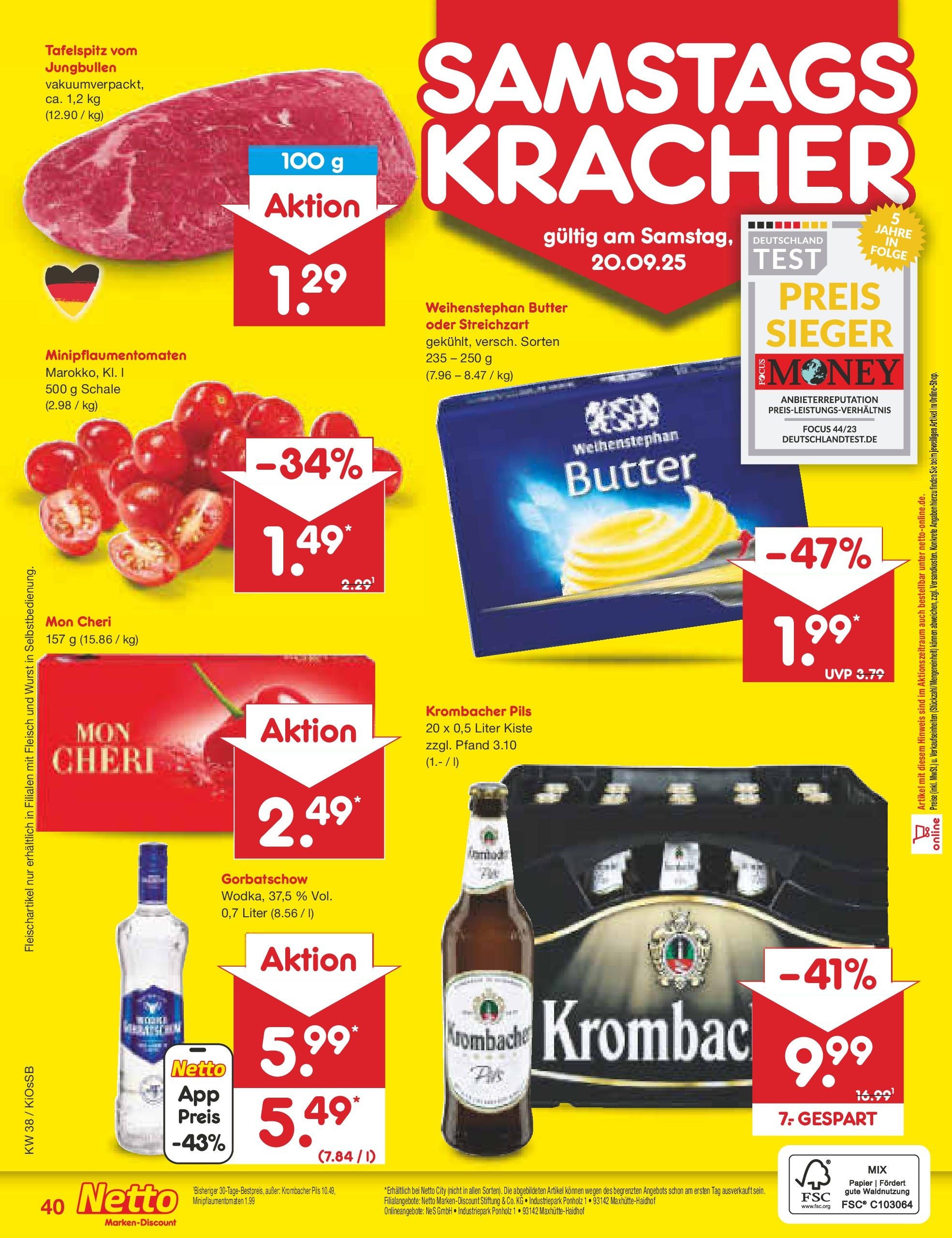 Netto Marken-Discount prospekt Oberhaid	 (ab 14.09.2025) » Angebote | Seite: 47 | Produkte: Tafelspitz, Weihenstephan butter, Krombacher, Mon cheri