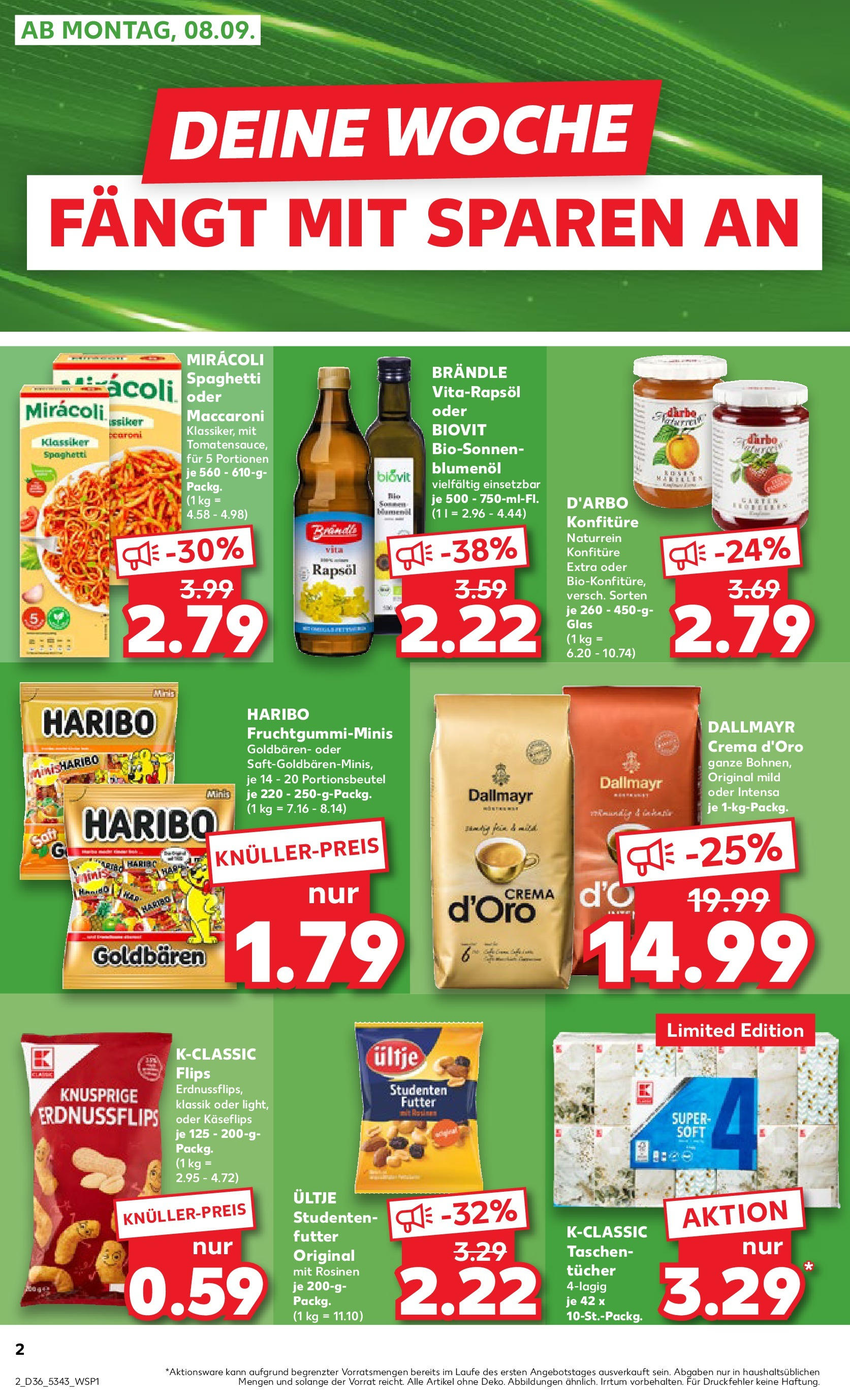 Prospekt Kaufland ab 07.09.2025 » Angebote Online zum Blättern | Seite: 2 | Produkte: Rapsöl, Rosinen, Dallmayr, Pasta