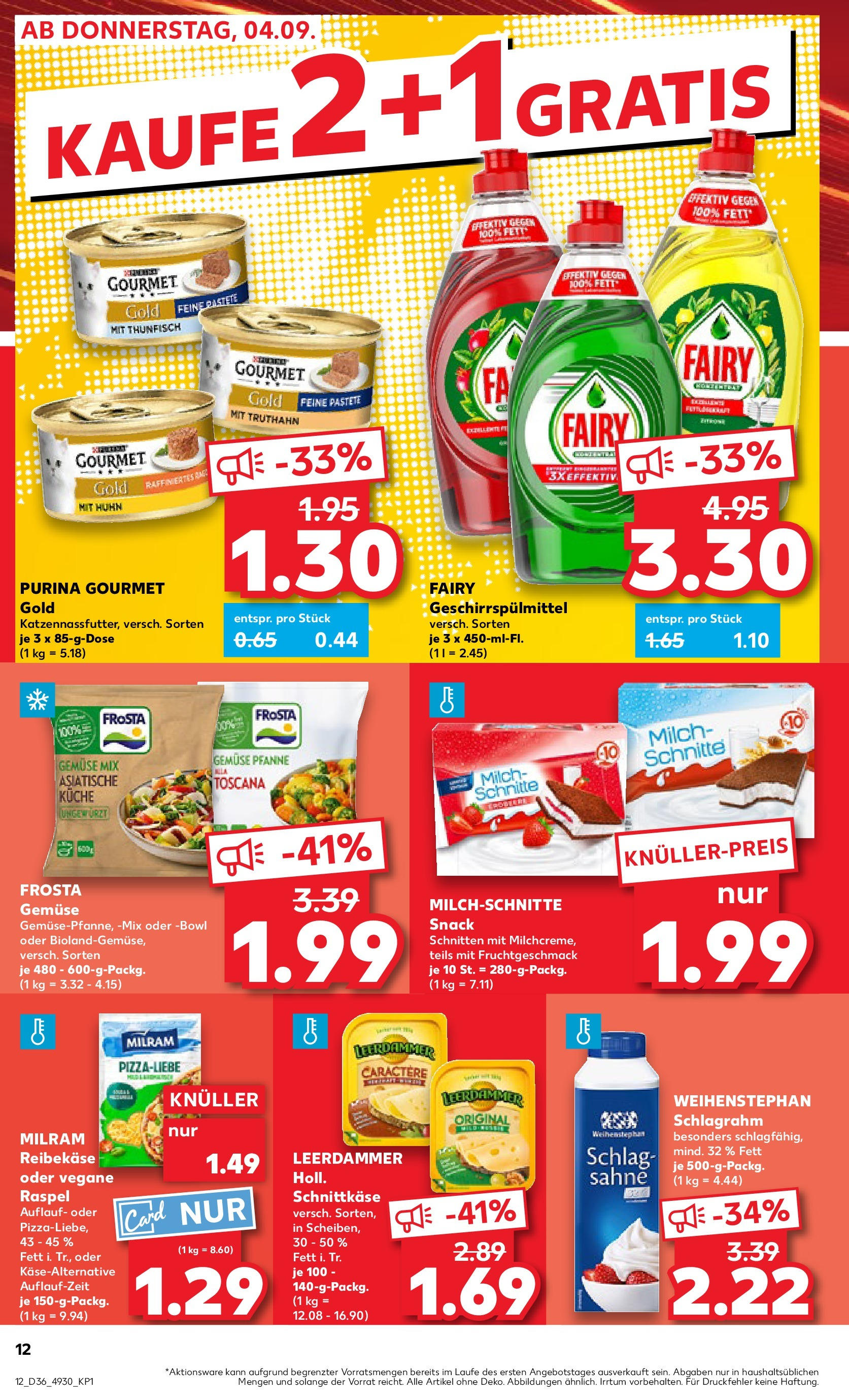 Prospekt Kaufland ab 07.09.2025 » Angebote und Werbung Online | Seite: 12 | Produkte: Leerdammer, Milram, Purina gourmet gold, Sahne Prospekt Kaufland ab 07.09.2025 » Angebote Online zum Blättern | Seite: 12 | Produkte: Leerdammer, Milram, Purina gourmet gold, Sahne