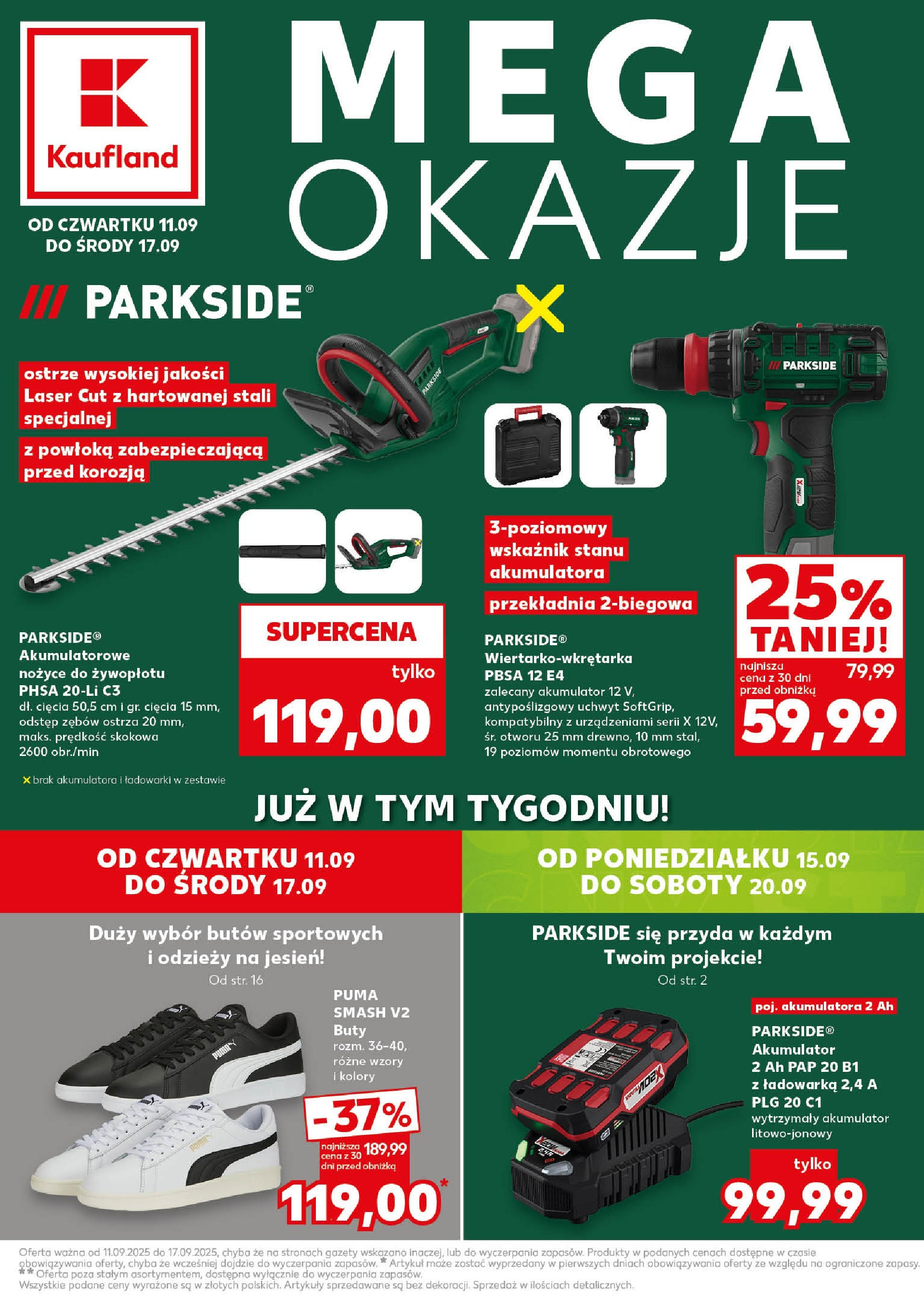 Kaufland gazetka - Mega okazje od 11.09.2025 - od jutra PDF | Strona: 1 | Produkty: Buty, Ładowarka, Nożyce do żywopłotu